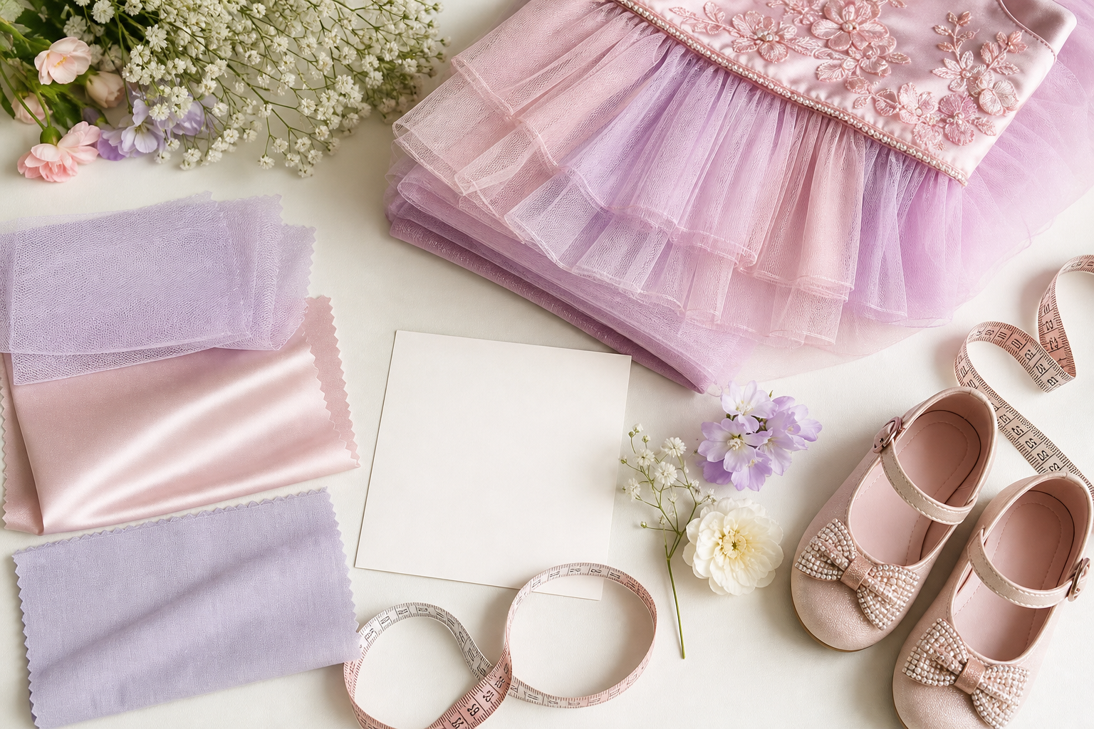 Flat lay com tule, tecidos pastel, sapatinhos e fita métrica para planejar vestido infantil de festa