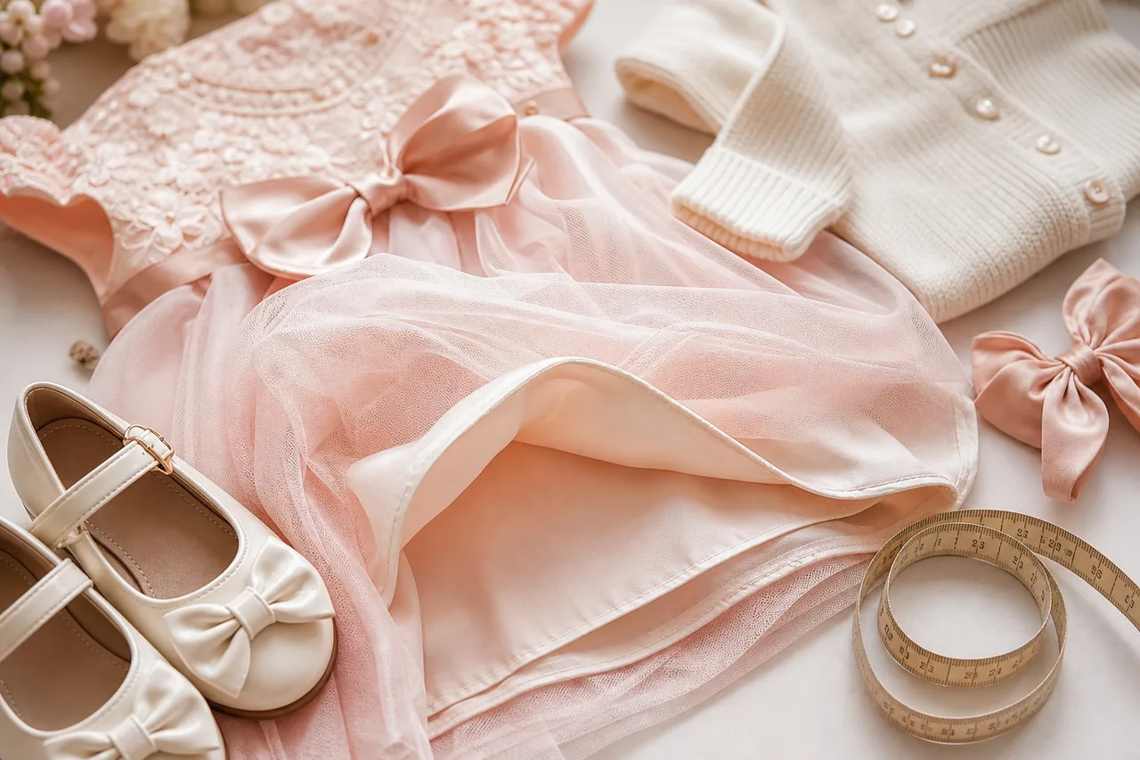 Tule, forro, laço, sapatinho, cardigan e fita métrica para avaliar conforto de vestido infantil de festa