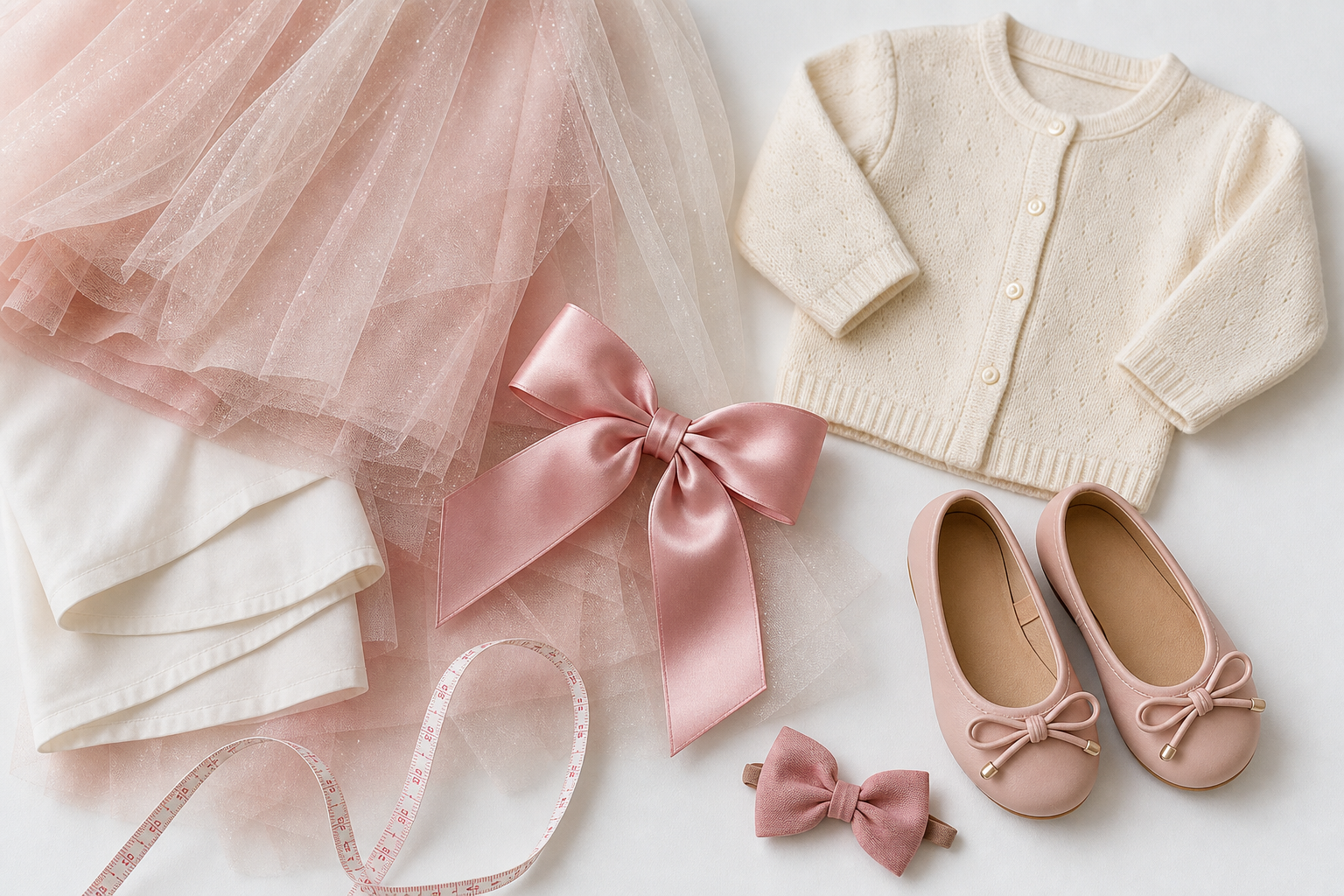 Tule, forro, laço, sapatinho, cardigan e fita métrica para avaliar conforto de vestido infantil de festa