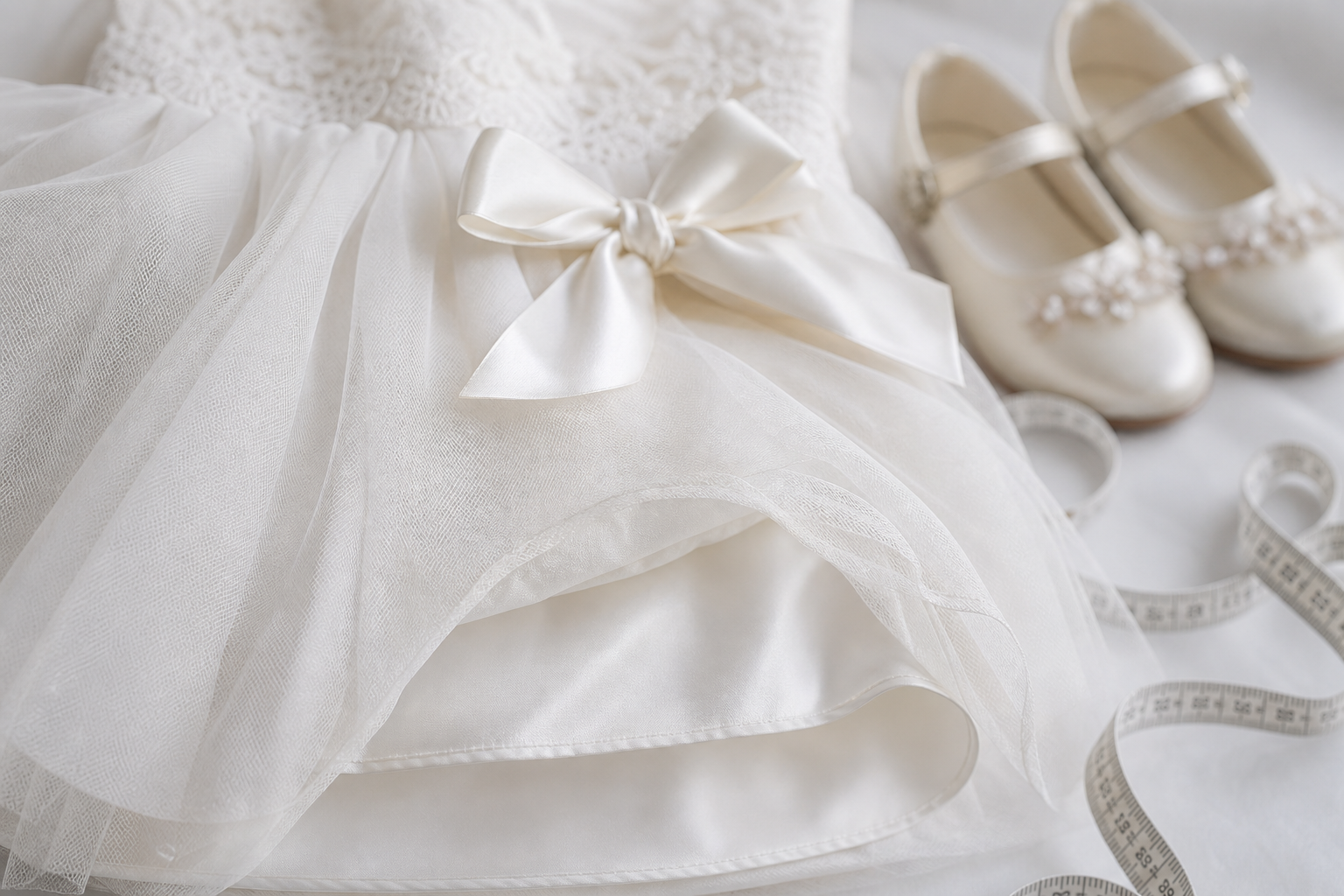 Detalhe de tule, forro e laço em vestido infantil de casamento