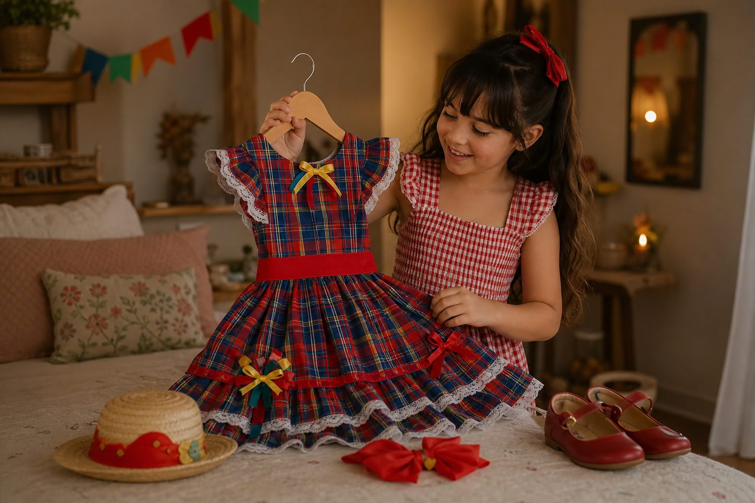 Menina escolhendo vestido xadrez infantil para festa junina