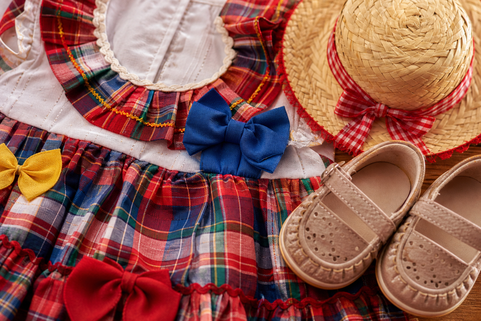 Detalhes de vestido de festa junina infantil com laços e forro