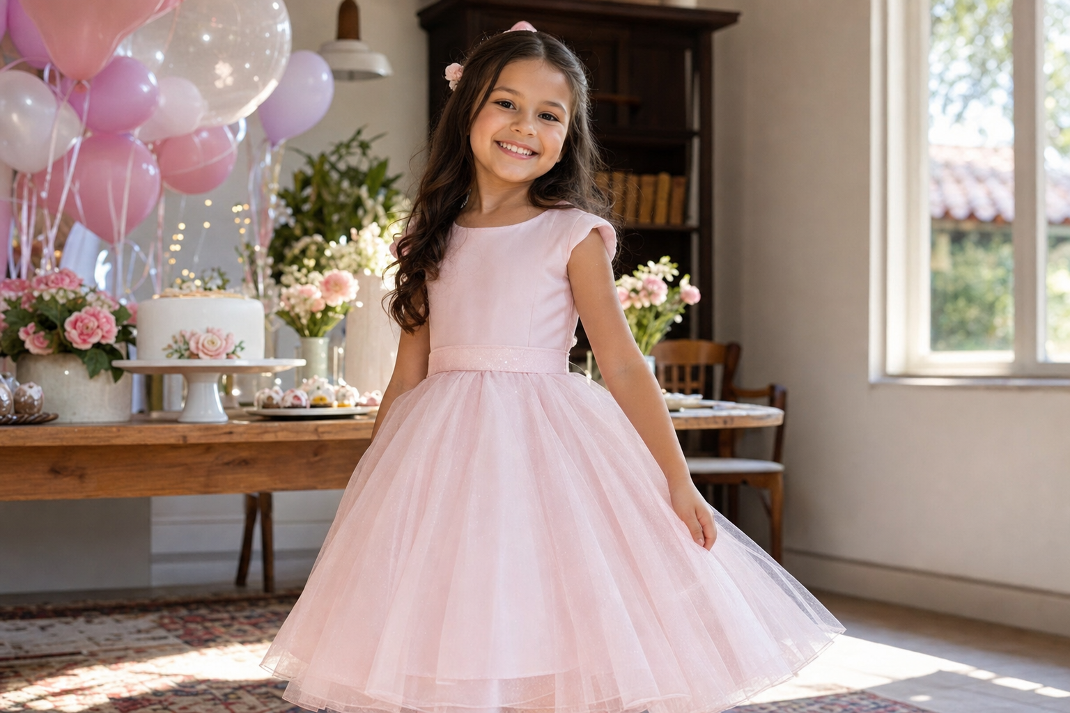 Menina usando vestido infantil rosa confortável em mesa de aniversário com balões