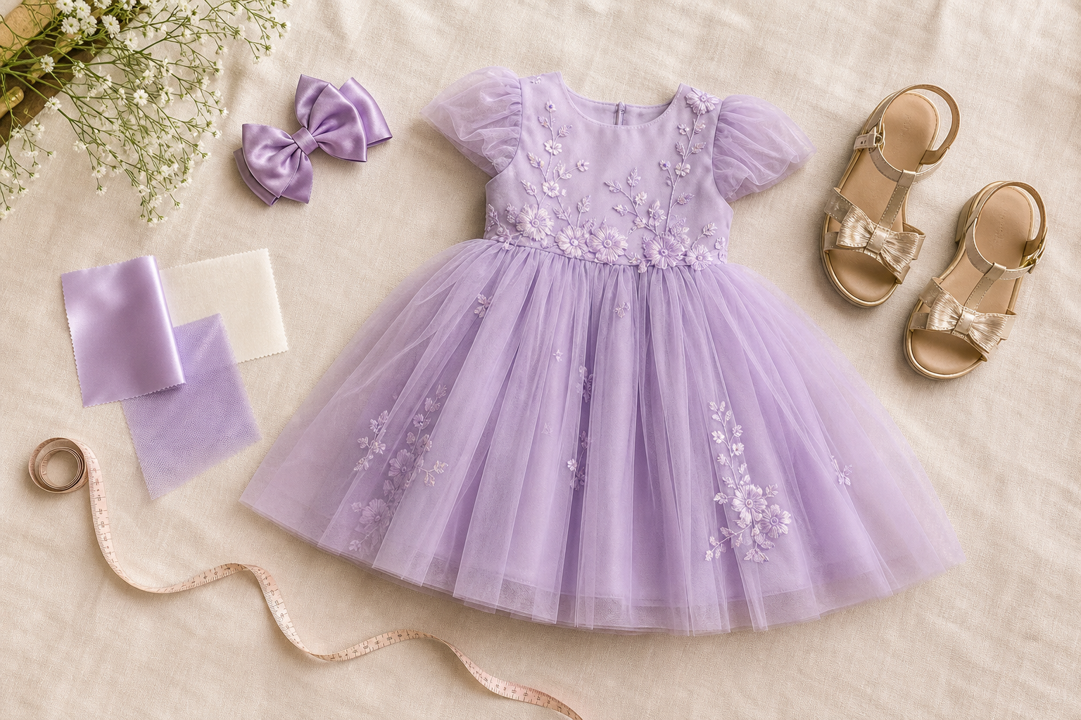 Vestido infantil lilás com laço, sandálias, fita métrica e amostras de tecido para escolher tamanho