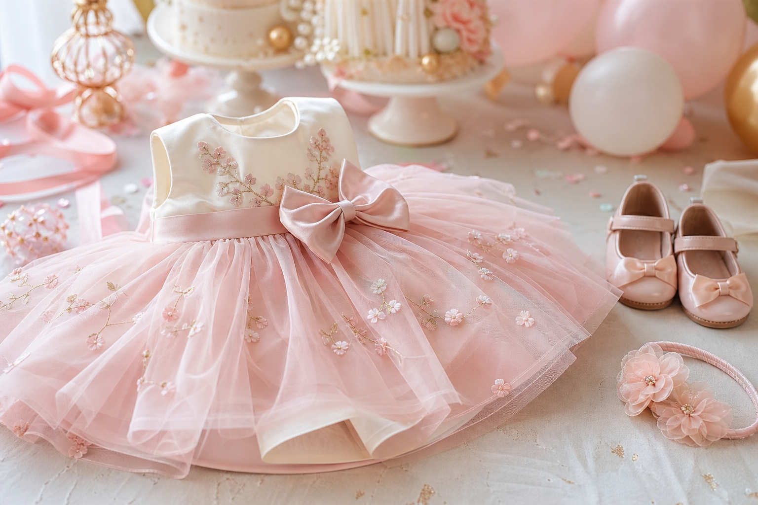 Vestido infantil rosa com tule em mesa de festa, balões e sapatinhos combinando
