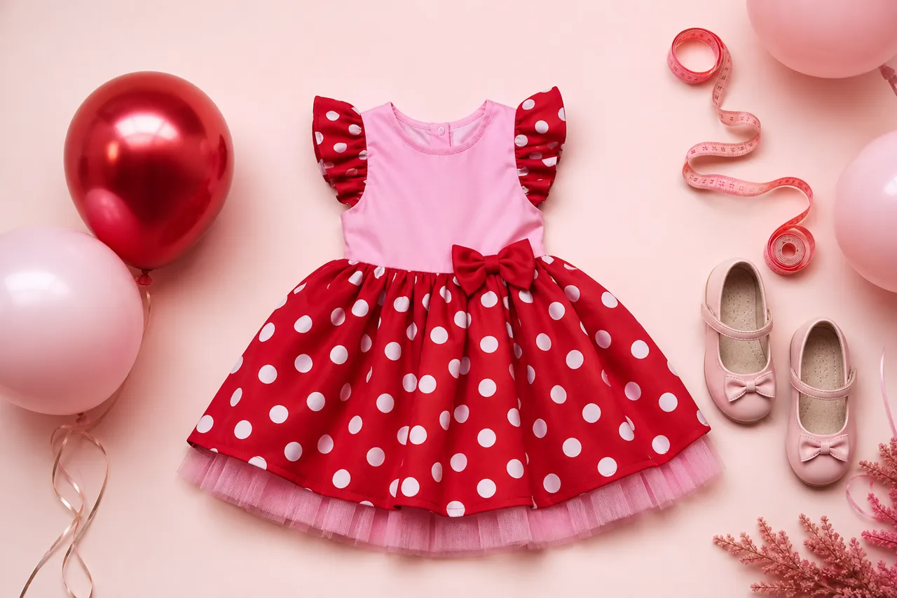 Vestido infantil vermelho e rosa para aniversário com balões, sapatinhos e fita métrica