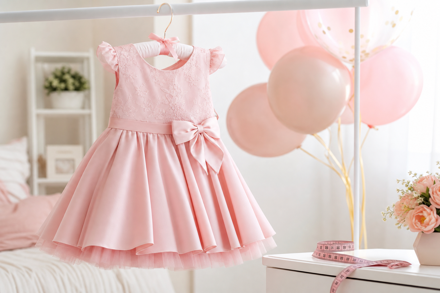 Vestido infantil rosa de aniversário com balões e fita métrica para escolher tamanho em Jaraguá, Goiás
