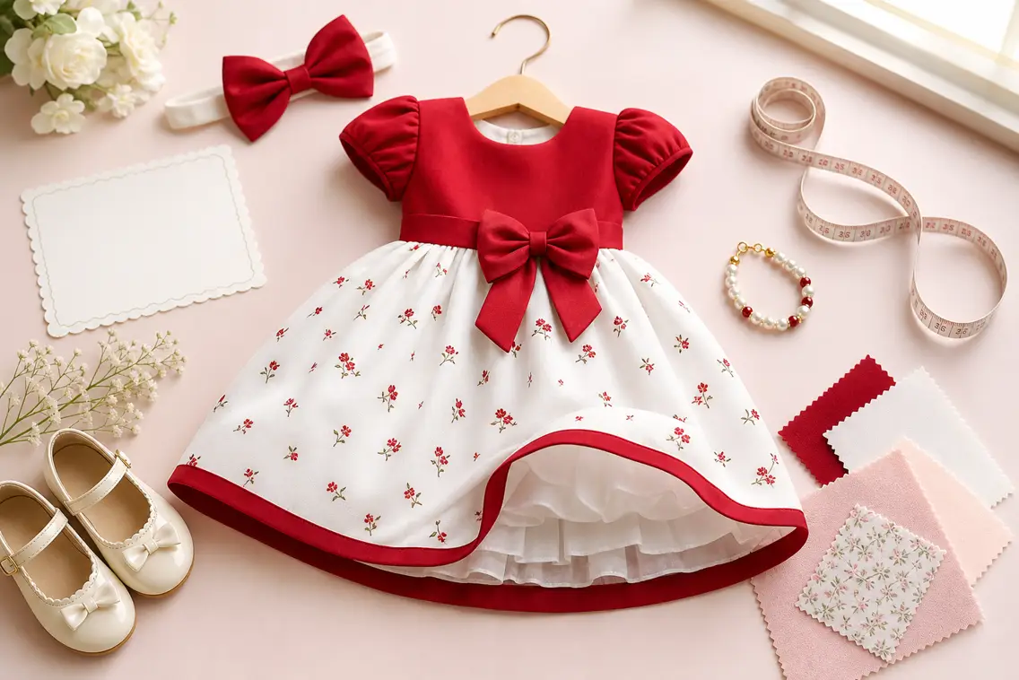 Vestido infantil vermelho e branco com laço, sapatos, acessórios e fita métrica para conferir tamanho e conforto