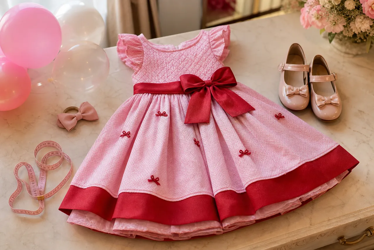 Vestido infantil vermelho e rosa para aniversário com balões, sapatinhos e fita métrica