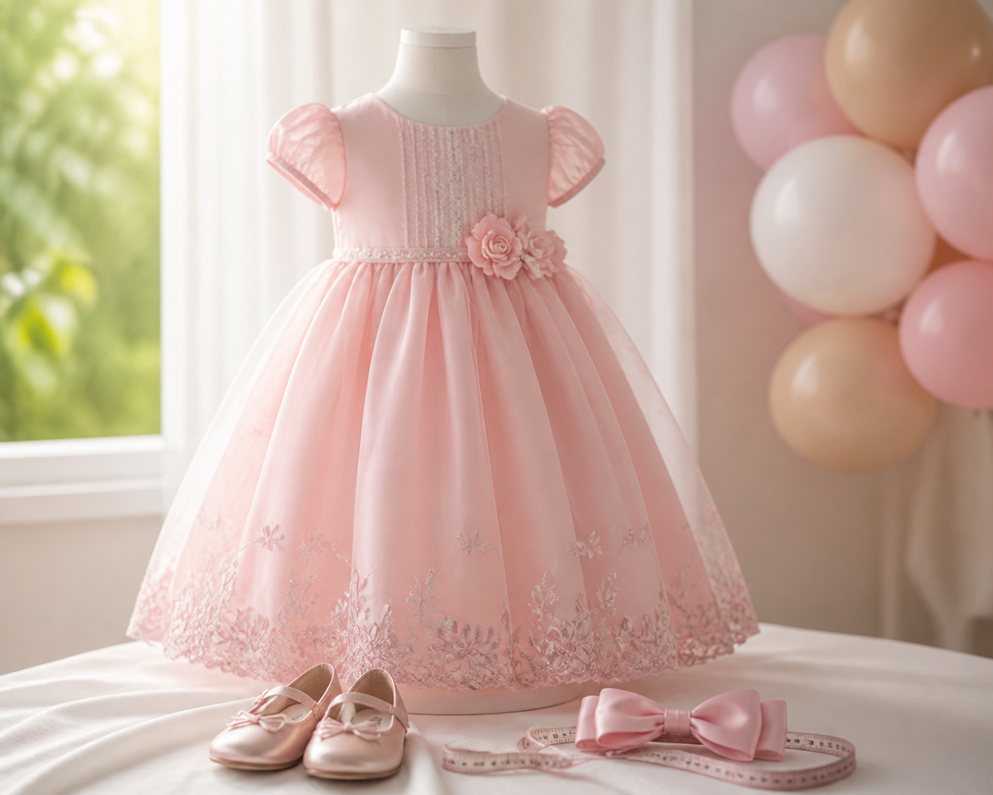 Vestido infantil rosa de aniversário com balões, laço, sapatinhos e fita métrica para escolher tamanho em Nerópolis