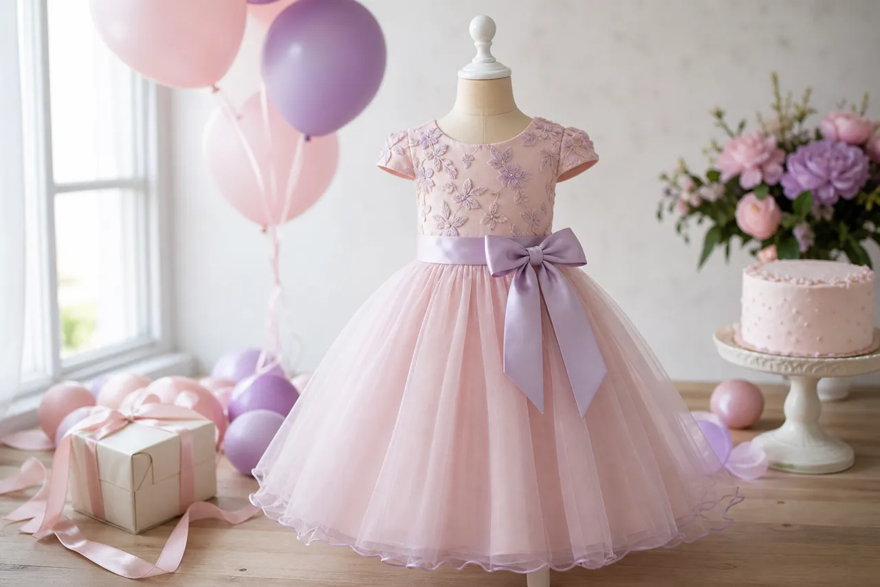 Vestido infantil rosa para aniversário com balões, presente e bolo em composição de festa