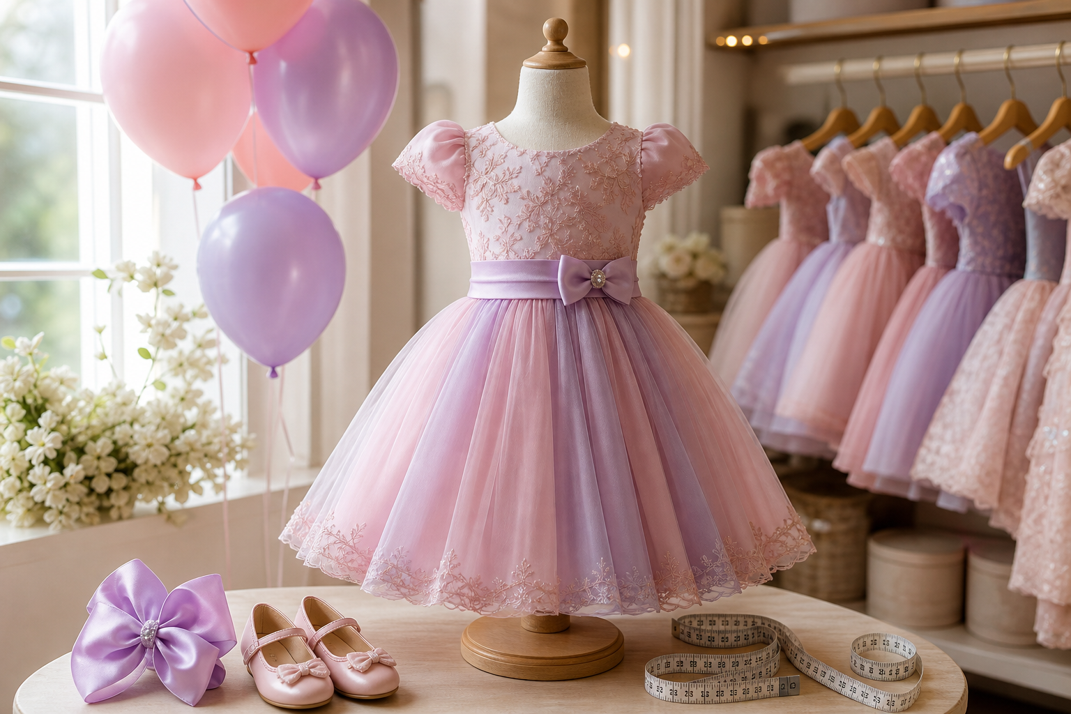 Vestido infantil rosa de aniversário com balões, laço, sapatinhos e fita métrica para escolher tamanho em Santa Helena de Goiás