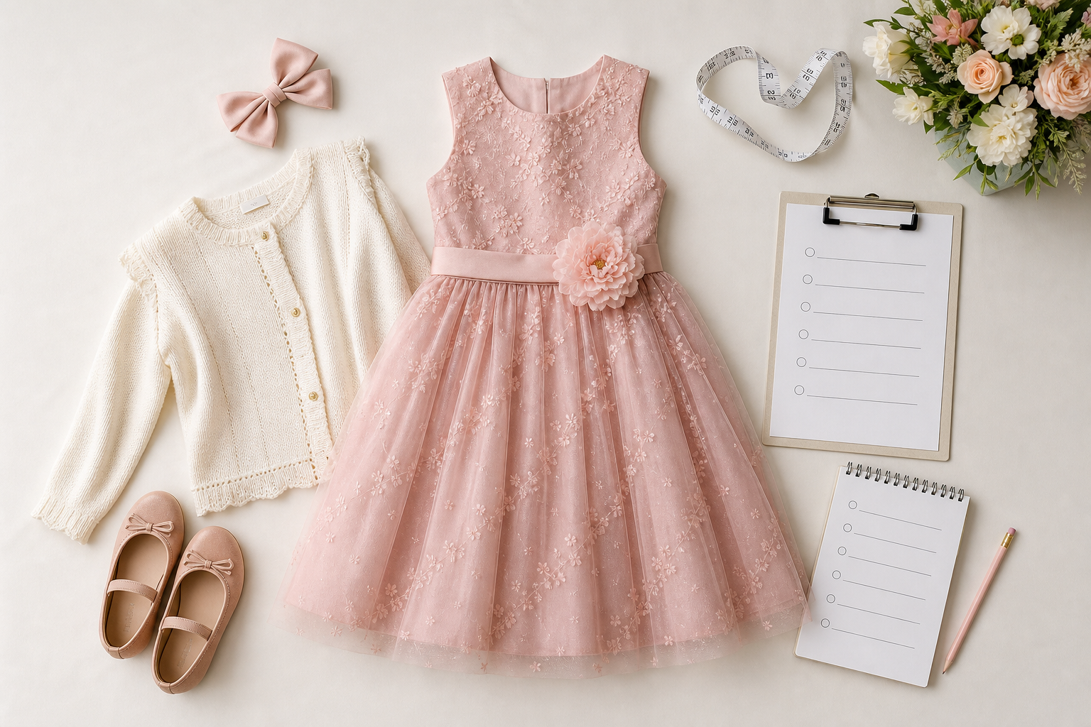 Vestido infantil sapato laço e fita métrica para ocasião escolar