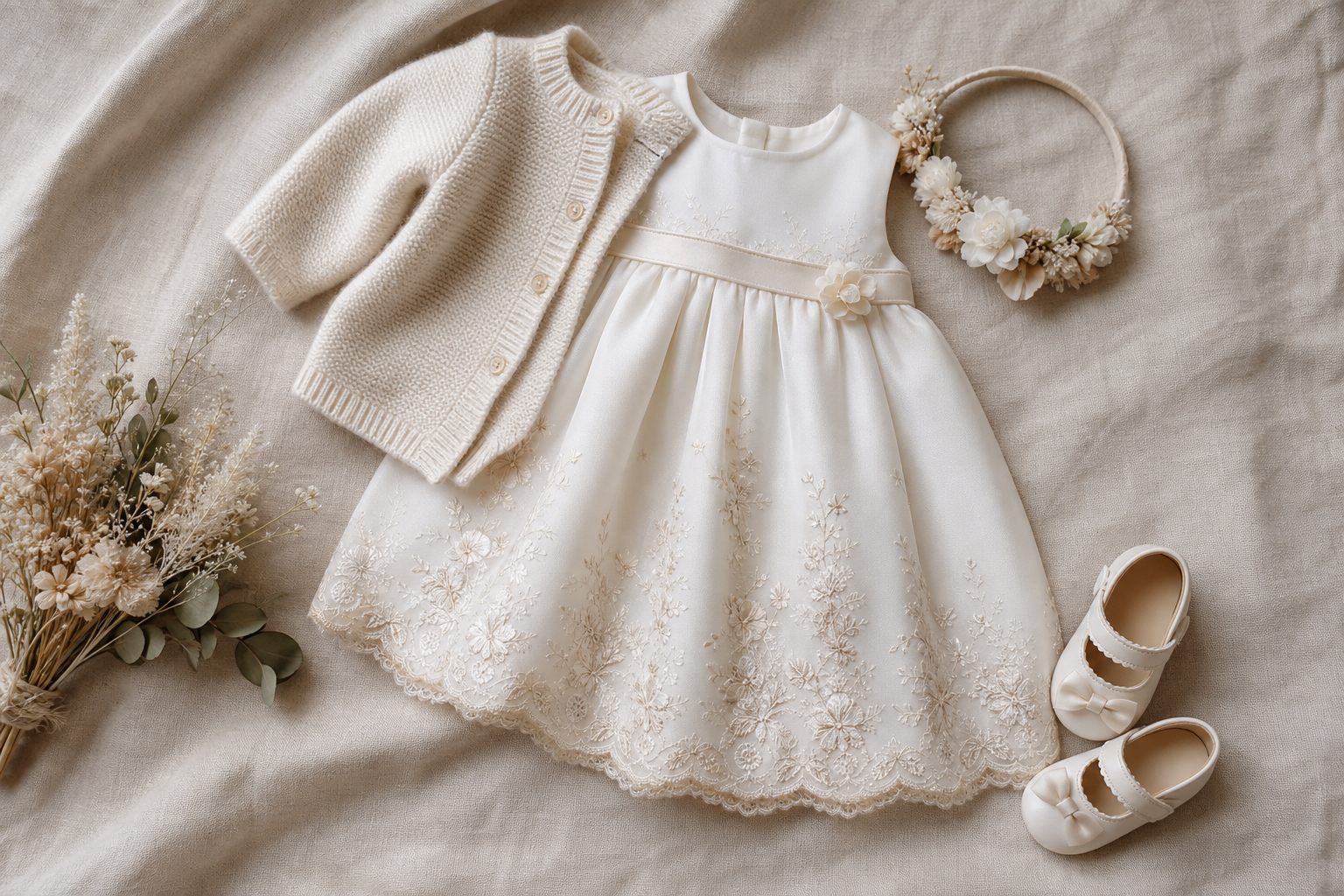 Vestido infantil claro cardigan sapatilha e laço para batizado