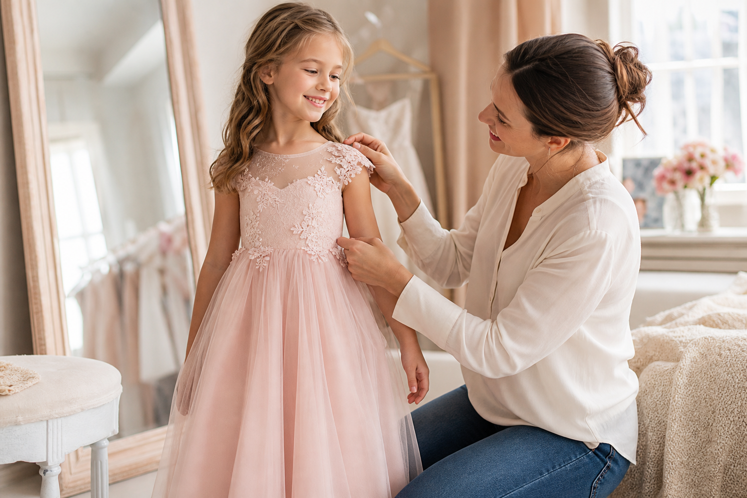 Menina experimentando vestido infantil para casamento de dia