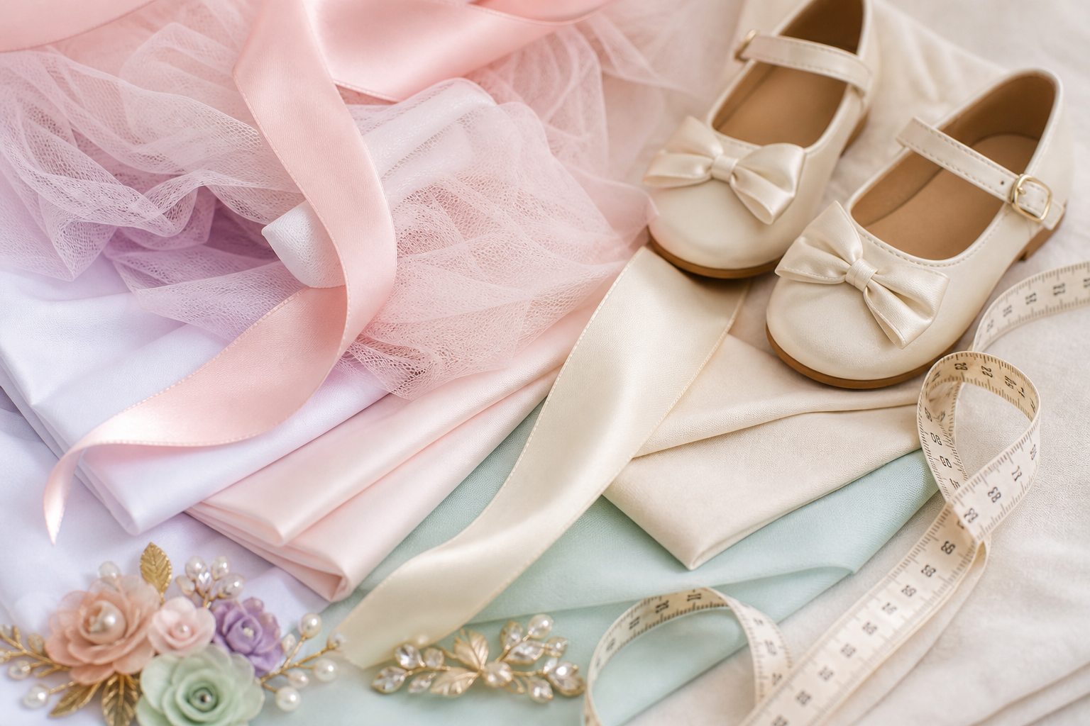 Tecidos claros e acessórios para vestido infantil de casamento