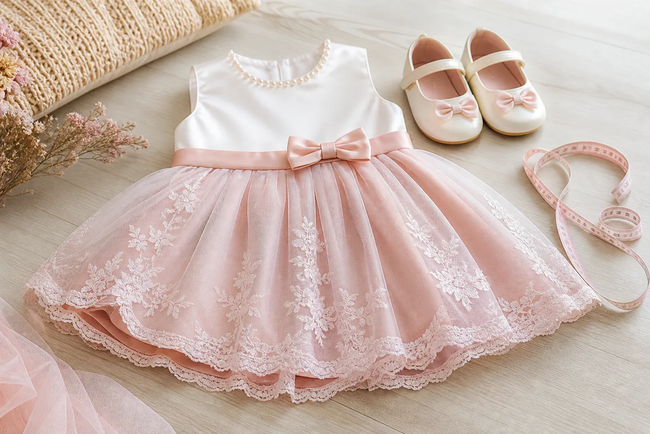 Vestido infantil de festa em tons rosé com sapatinhos, laço e fita métrica para escolher tamanho no Água Branca, Goiânia
