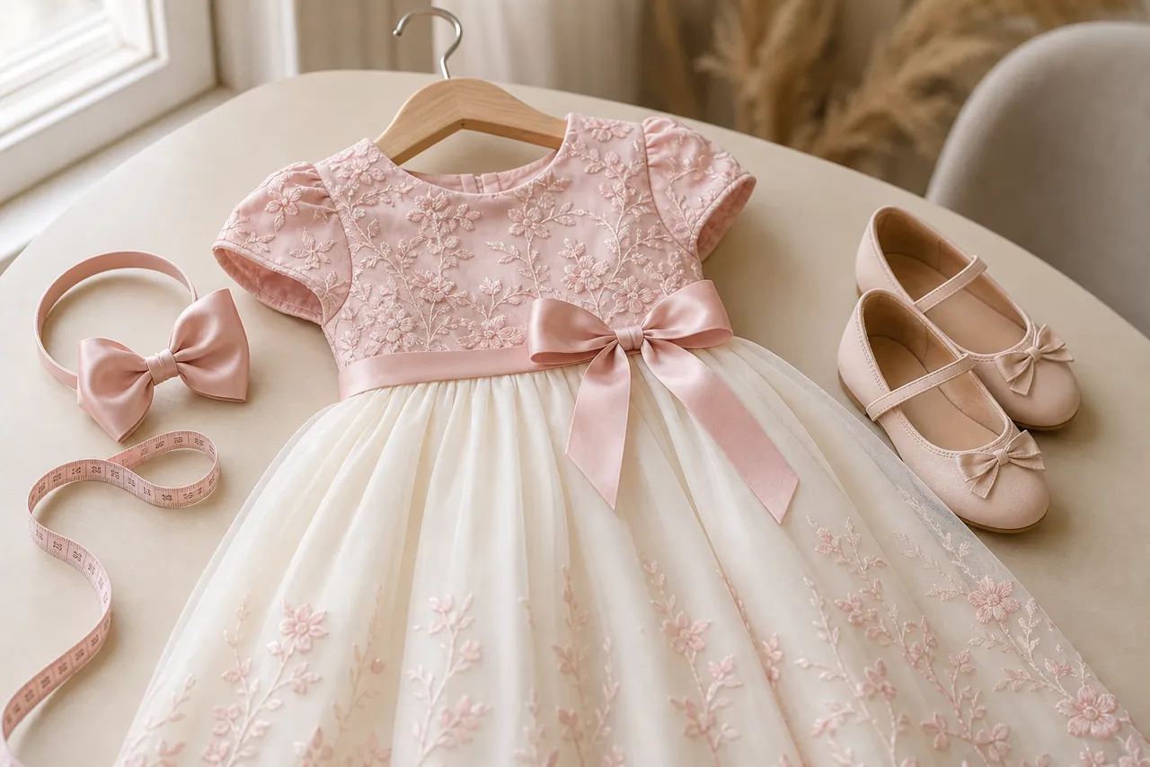 Vestido infantil de festa rosa claro com sapatilha, laço e fita métrica para escolher tamanho em Aragarças