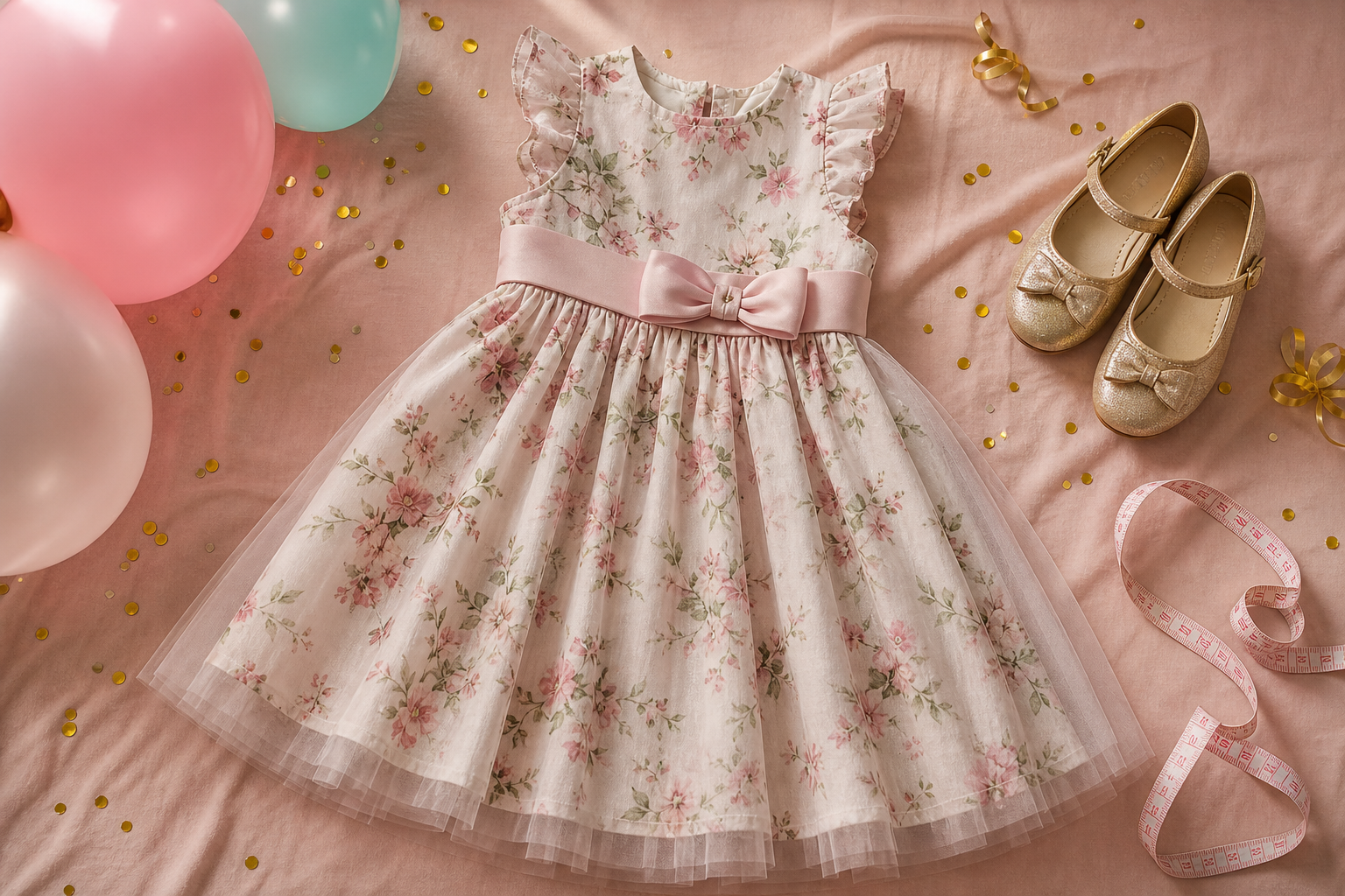 Vestido infantil de festa com balões sapatinhos e fita métrica para escolher tamanho