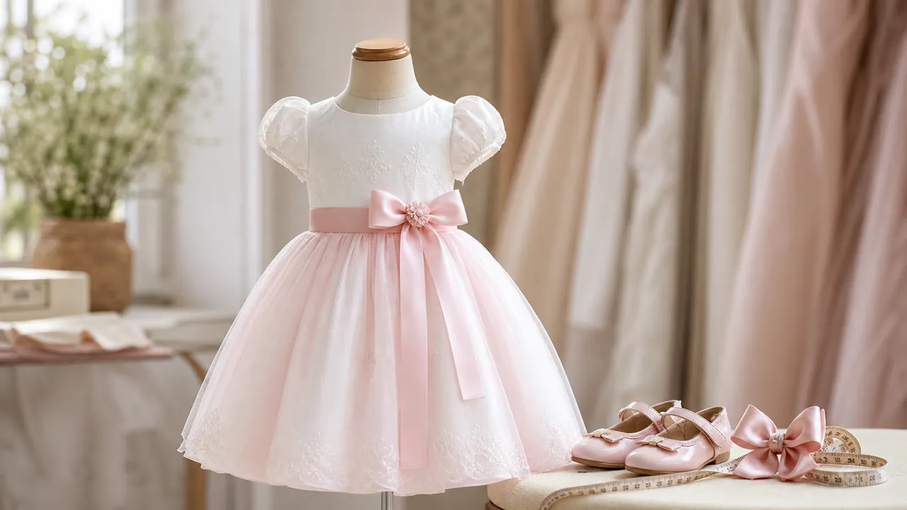 Vestido infantil de festa em tons suaves com sapatinhos, laço e fita métrica para escolher tamanho em Bela Vista de Goiás