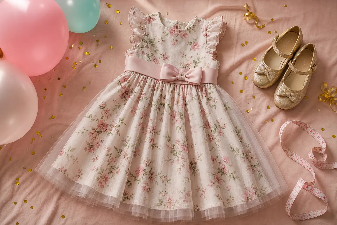Vestido infantil floral de festa com balões, sapatinhos e fita métrica para escolher tamanho em Caldas Novas