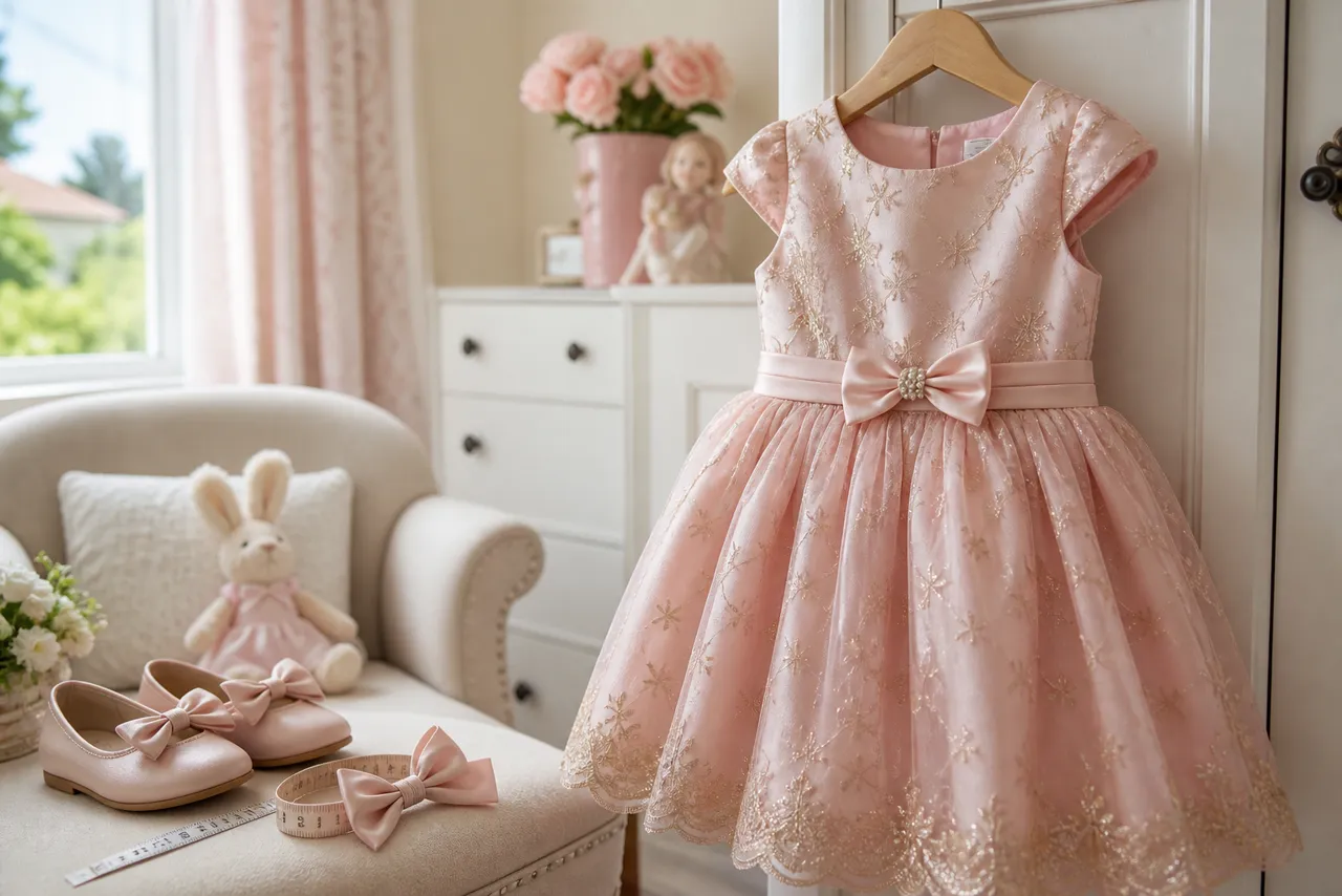 Vestido infantil de festa rosa claro com sapatilha, laço e fita métrica para escolher tamanho em Ceres