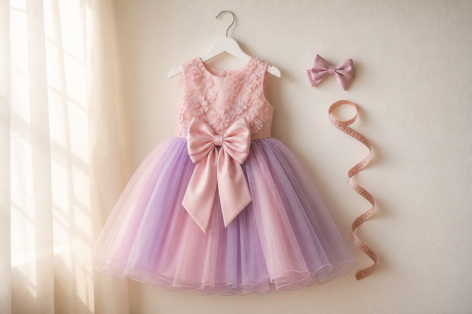Vestido infantil de festa em tule rosa e lilás com laço e fita métrica para escolher tamanho no Cidade Vera Cruz