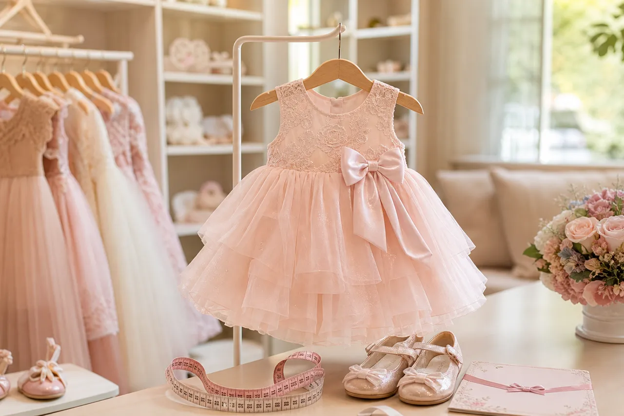 Vestido infantil de festa rosa com sapatinhos e fita métrica para escolher tamanho em Goianésia