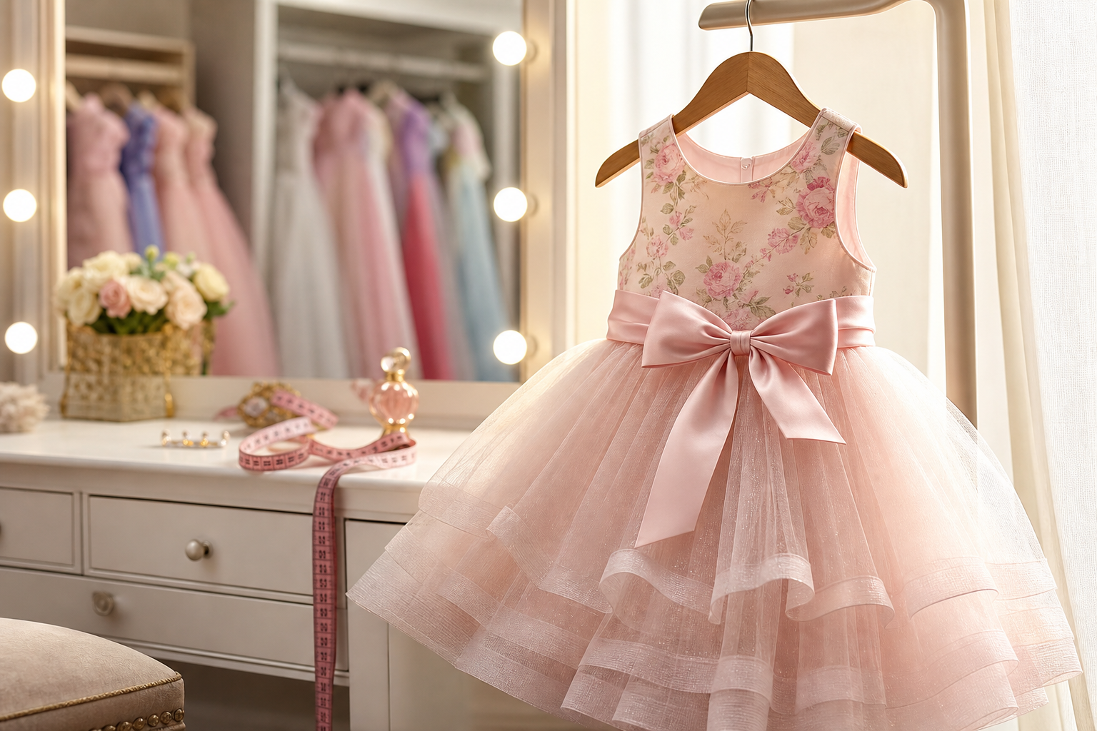 Vestido infantil de festa em cabide com tule, laço e fita métrica para escolher tamanho em Goiânia
