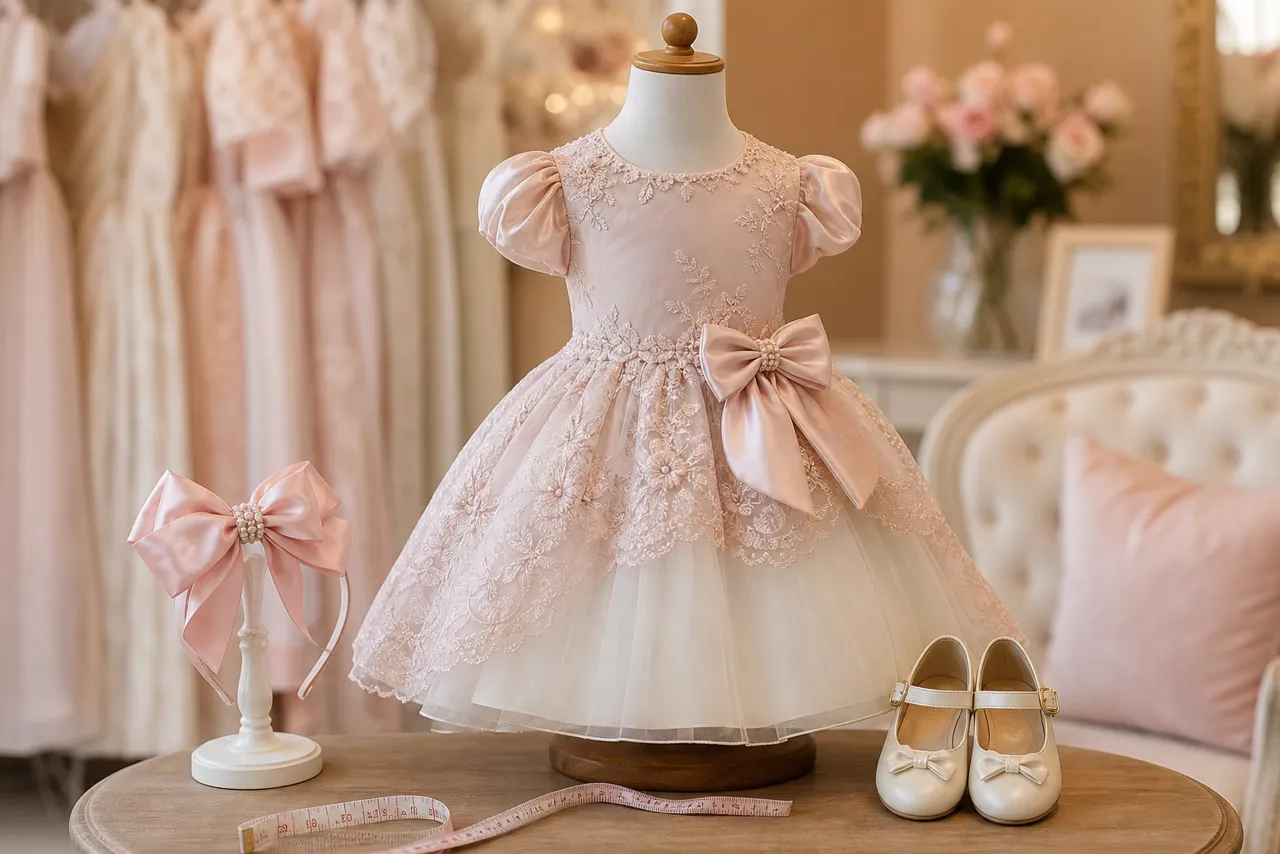 Vestido infantil de festa em tons suaves com sapatinhos, laço e fita métrica para escolher tamanho em Iporá
