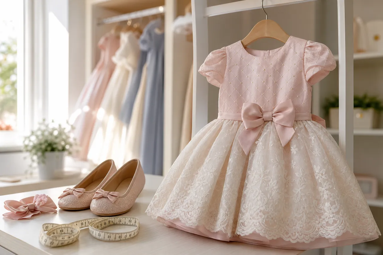 Vestido infantil de festa rosa claro com sapatilha, laço e fita métrica para escolher tamanho em Itapaci