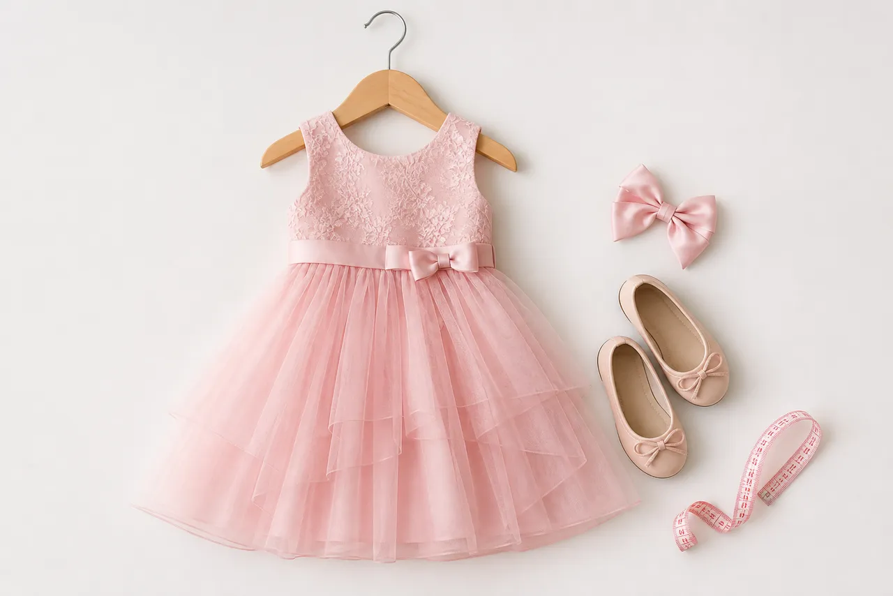 Vestido infantil de festa rosa claro com sapatilha, laço e fita métrica para escolher tamanho em Itapuranga