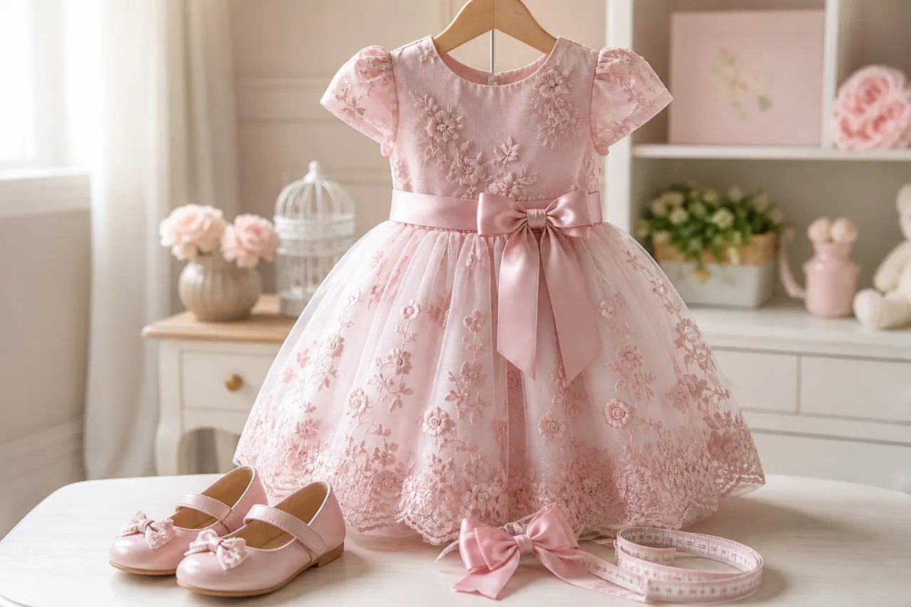 Vestido infantil de festa rosa com sapatilhas, laço e fita métrica para escolher tamanho no Jardim Nova Era