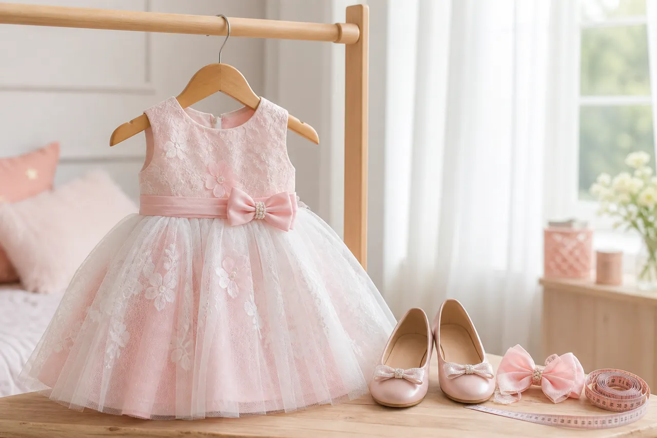 Vestido infantil de festa rosa claro com sapatilha, laço e fita métrica para escolher tamanho em Pires do Rio