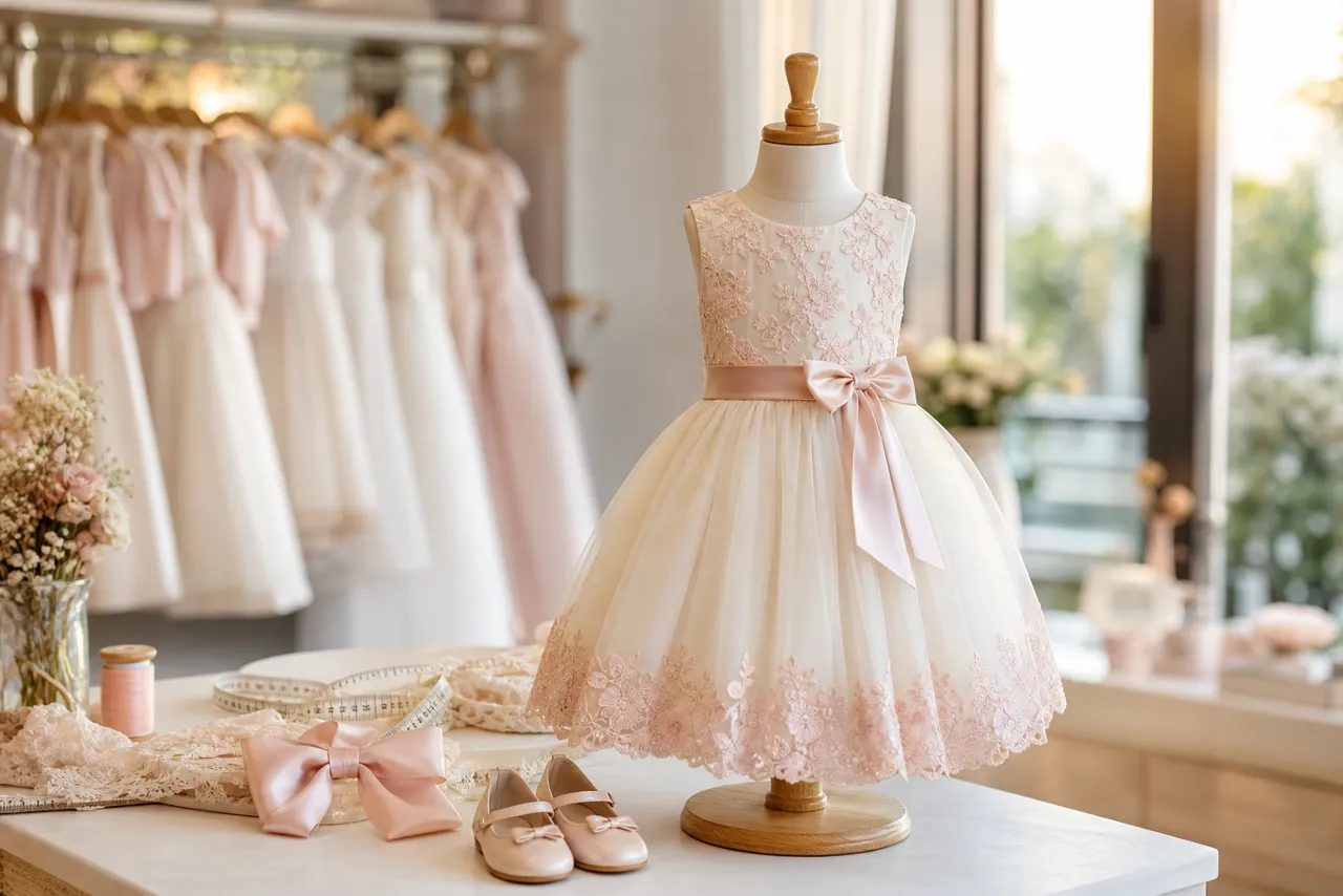 Vestido infantil de festa em tons suaves com sapatinhos e fita métrica para escolher tamanho em Porangatu
