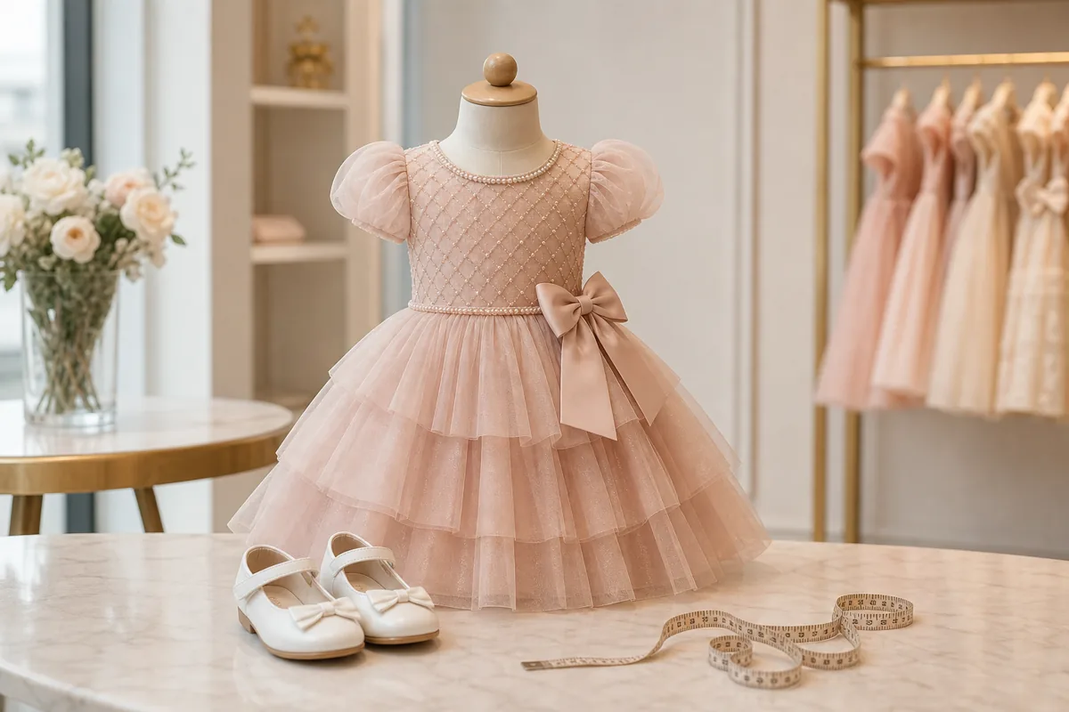 Vestido infantil de festa rosa em manequim com sapatos e fita métrica para escolher look no Setor Central em Goiânia