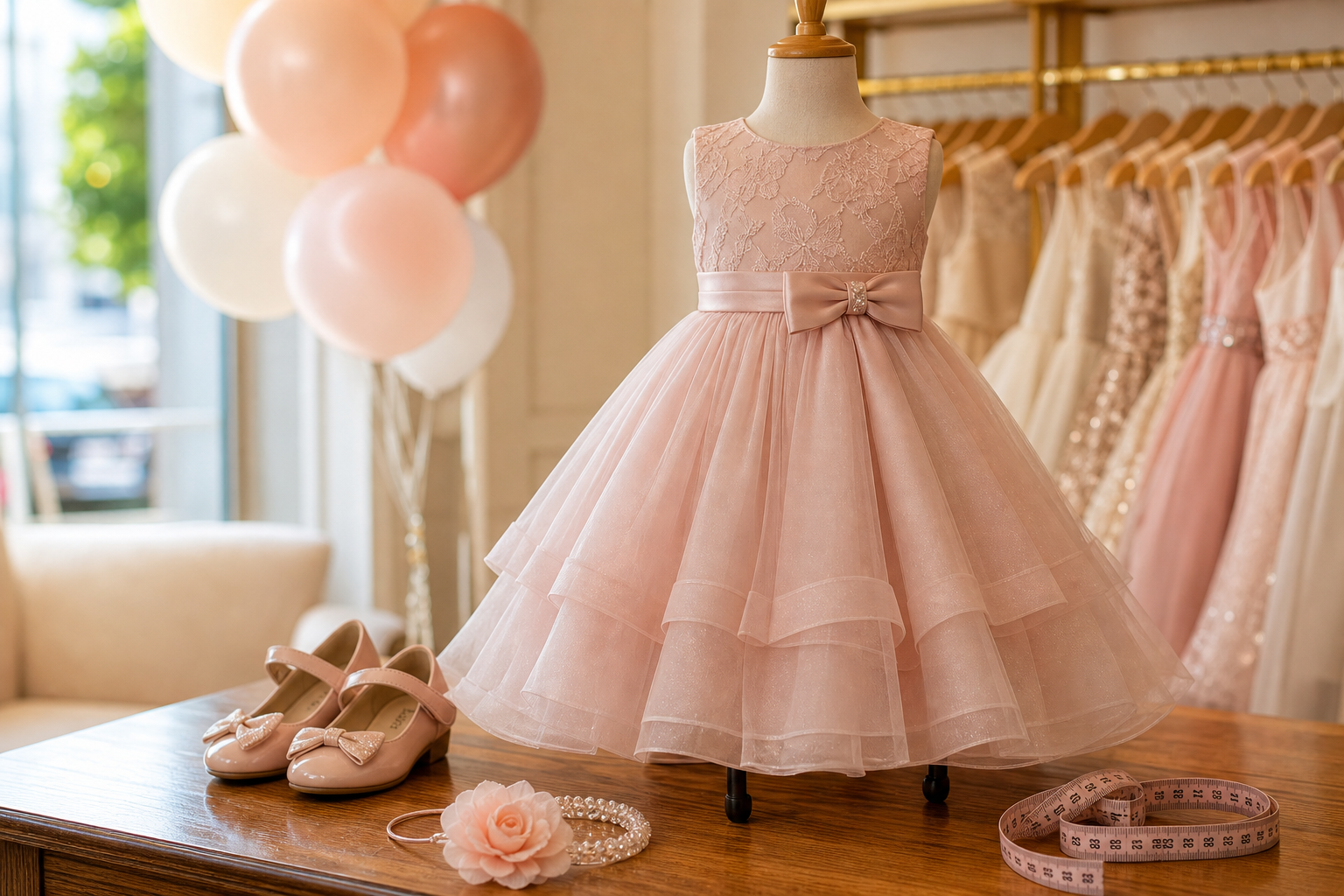 Vestido infantil rosa de festa com tule, laço, sapatos, balões e fita métrica para festa no Setor Oeste em Goiânia
