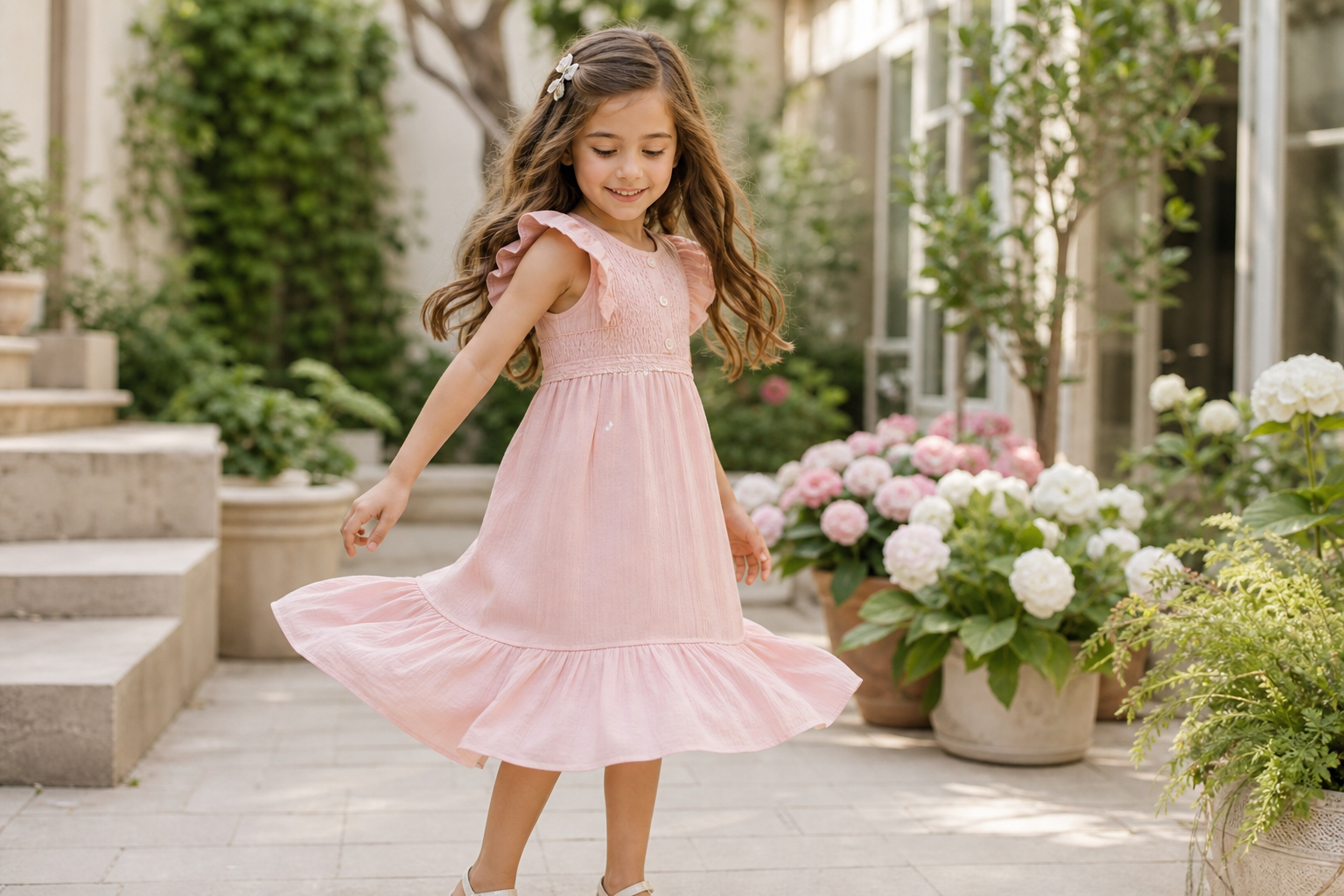 Menina usando vestido confortável para apresentação e formatura escolar