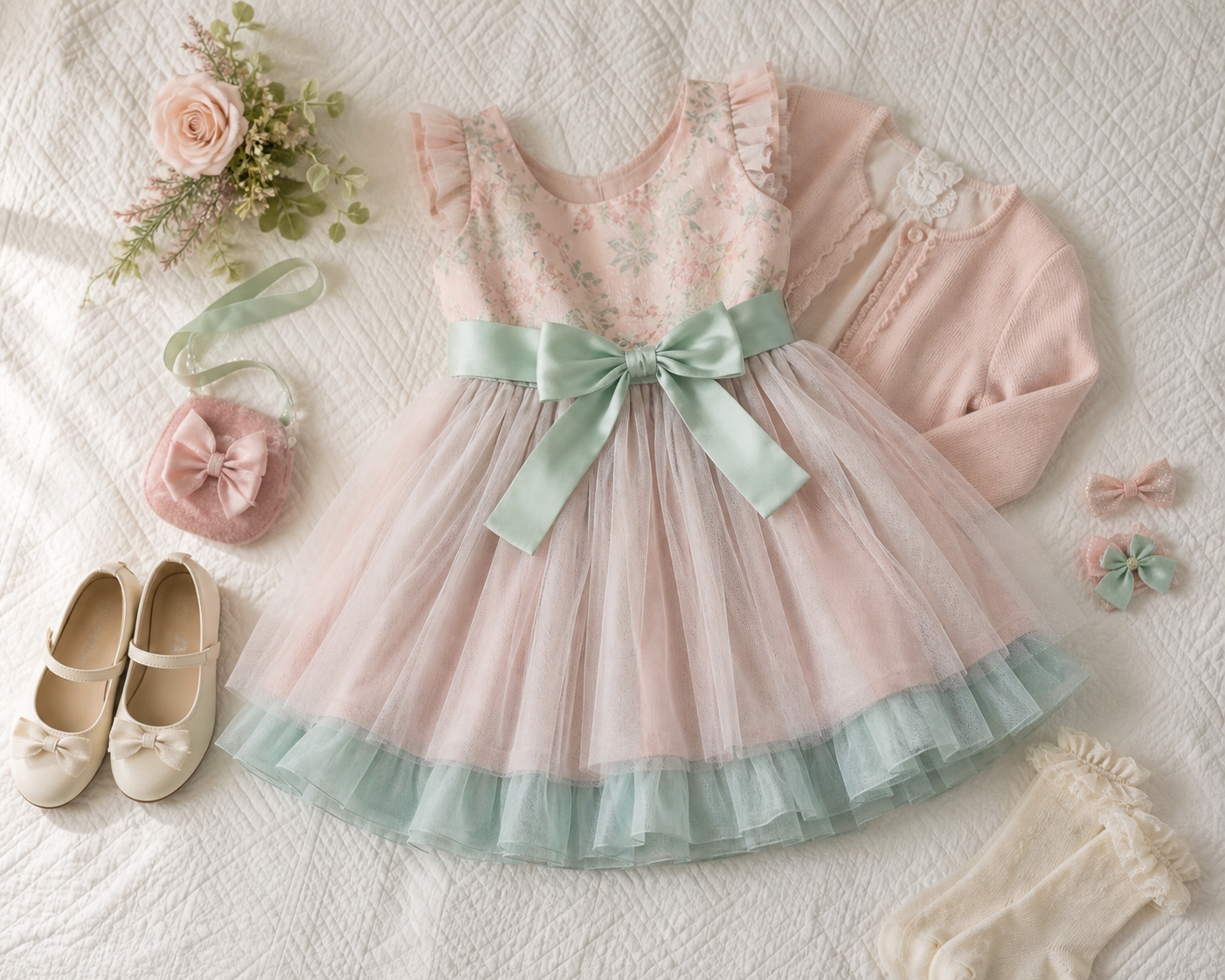 Detalhes de tecido e laço para vestido infantil de formatura