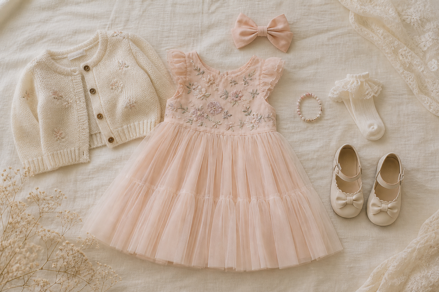 Vestido infantil laço sapatilha e cardigan para sessão de fotos