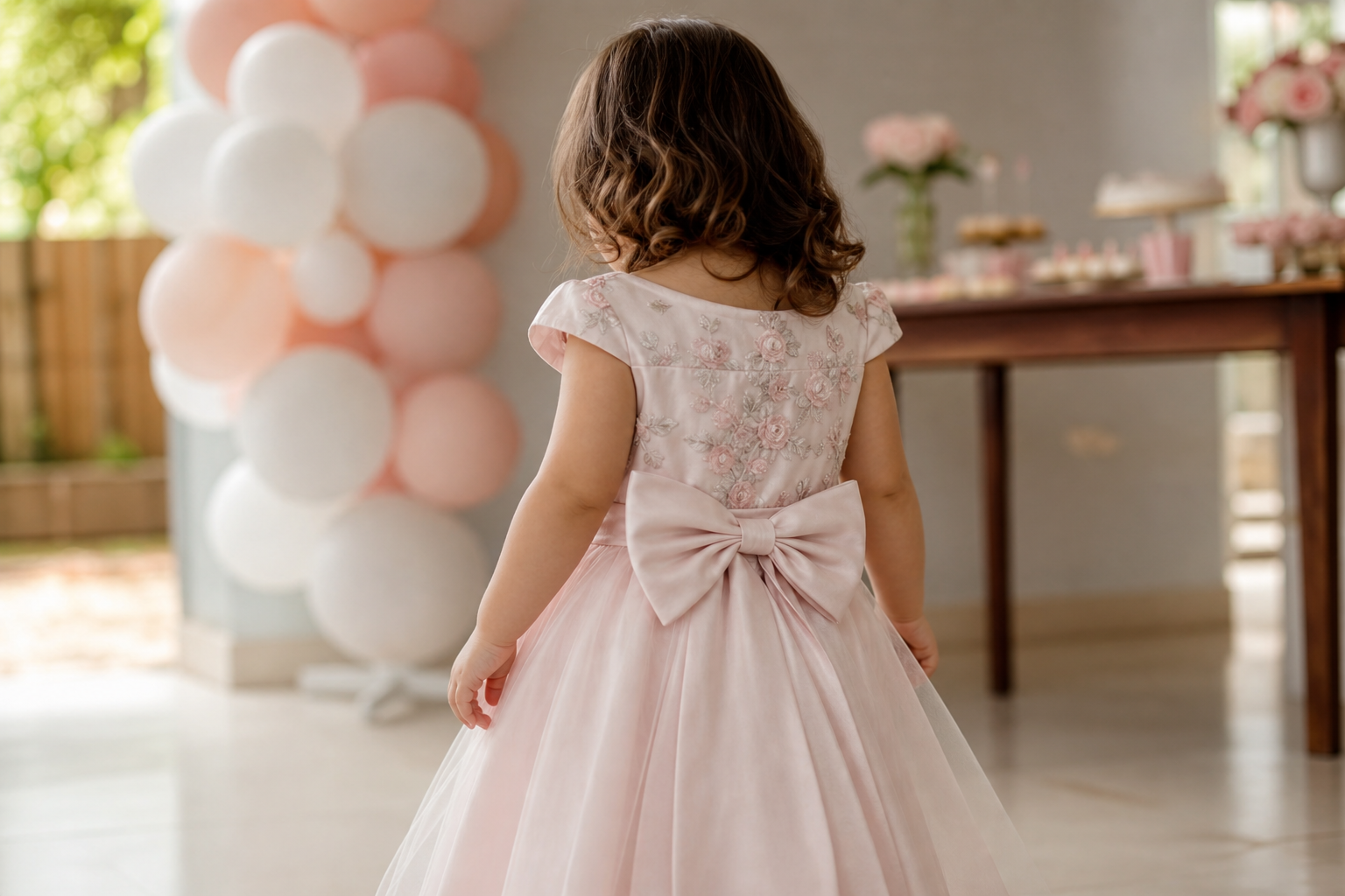 Menina de costas usando vestido infantil rosa em festa familiar com balões ao fundo