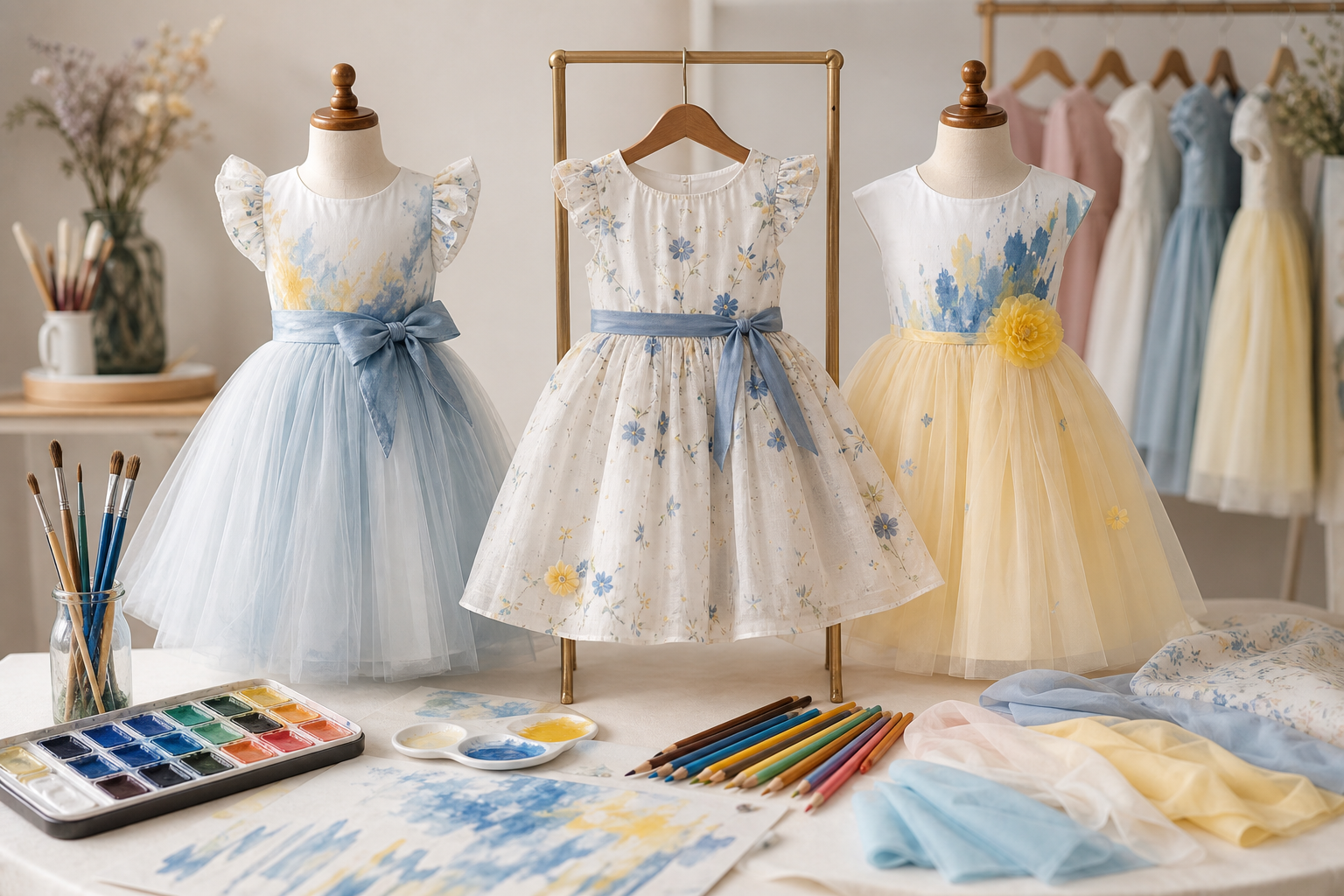Vestidos infantis em tons pastel com aquarela, pincéis e lápis de cor ao redor