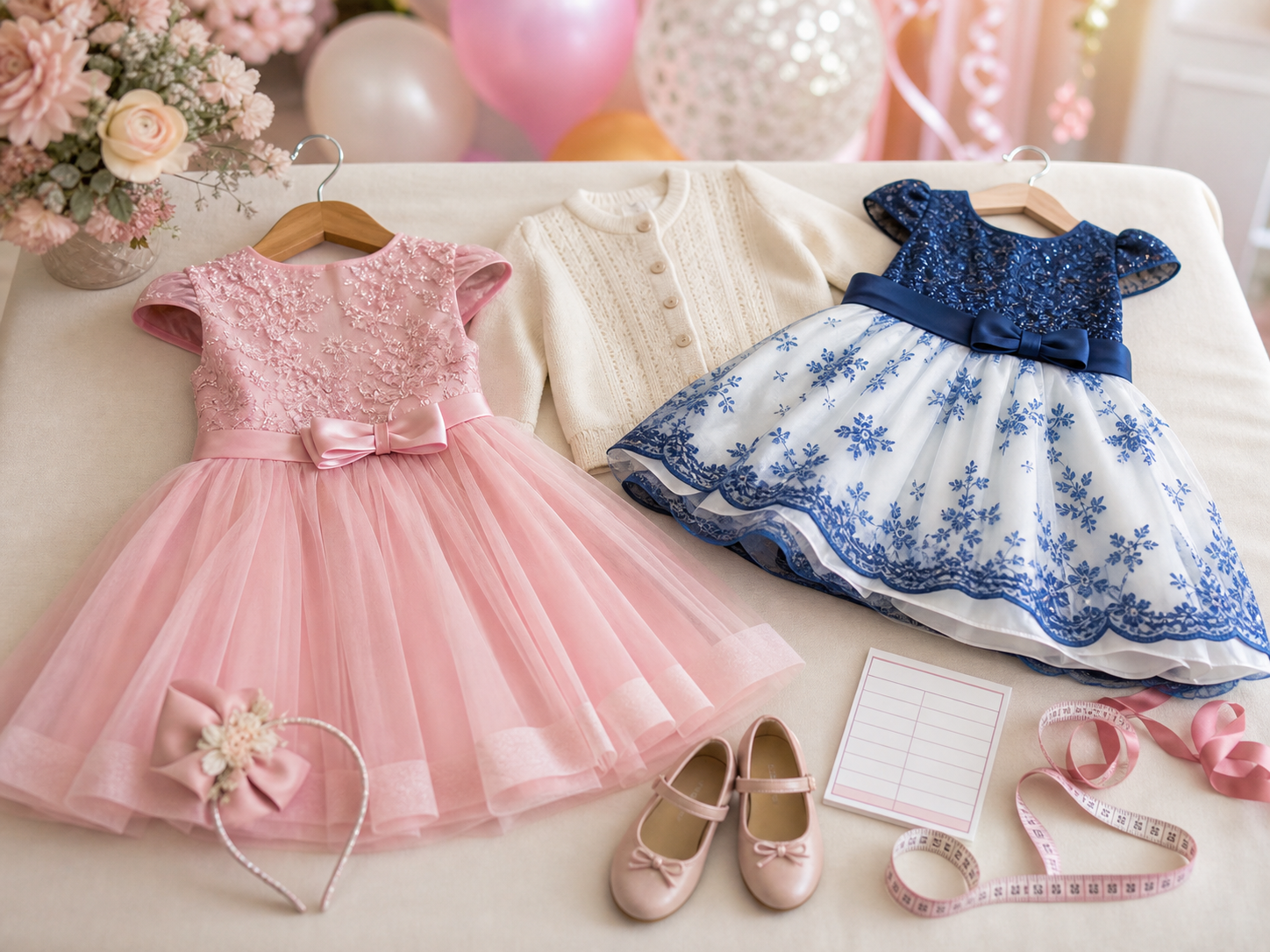 Vestidos infantis de festa rosa e azul com casaquinho, sapatinho e fita métrica para comparar modelos