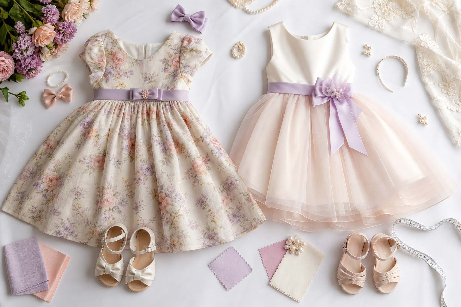 Dois vestidos infantis femininos para ocasiões especiais com sandálias, laços, acessórios e amostras de tecido