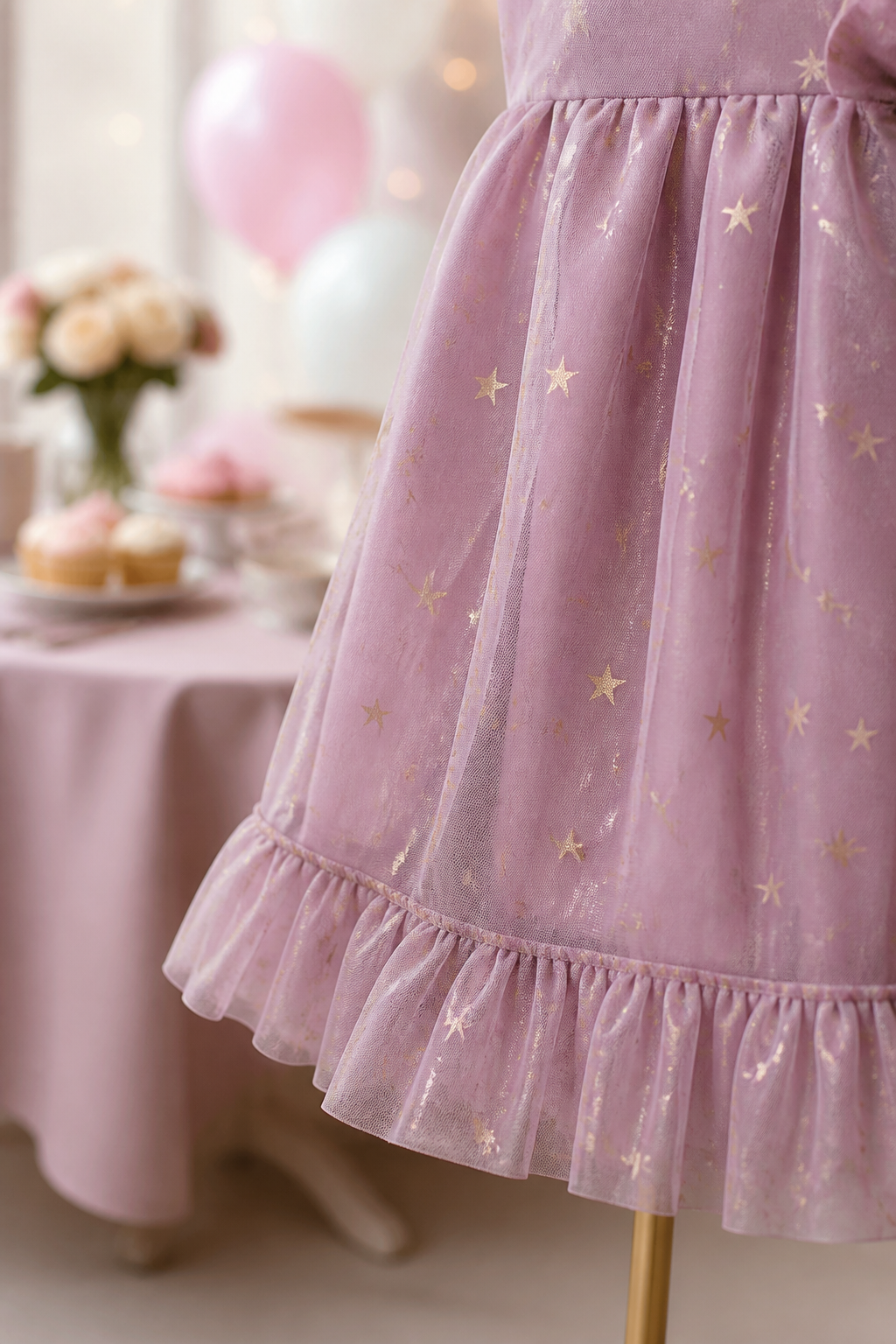 Detalhe de barra, tecido e acabamento de vestido infantil para aniversário
