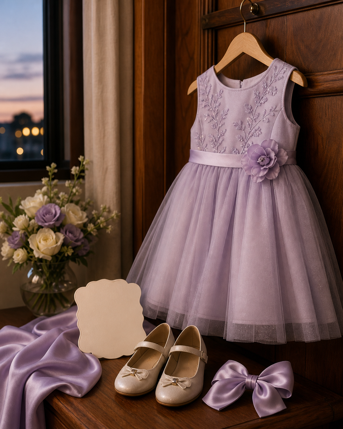 Vestido infantil de festa, sapatos e laço organizados para casamento à noite