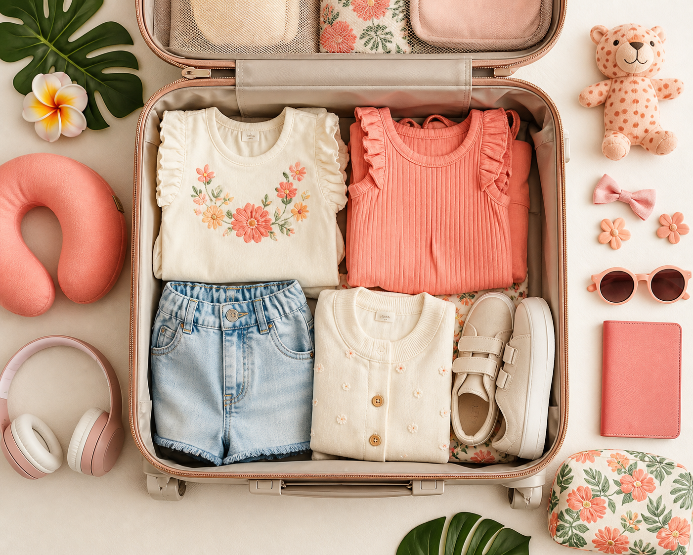 Checklist visual de mala infantil para viagem de avião com roupas, calçados e acessórios