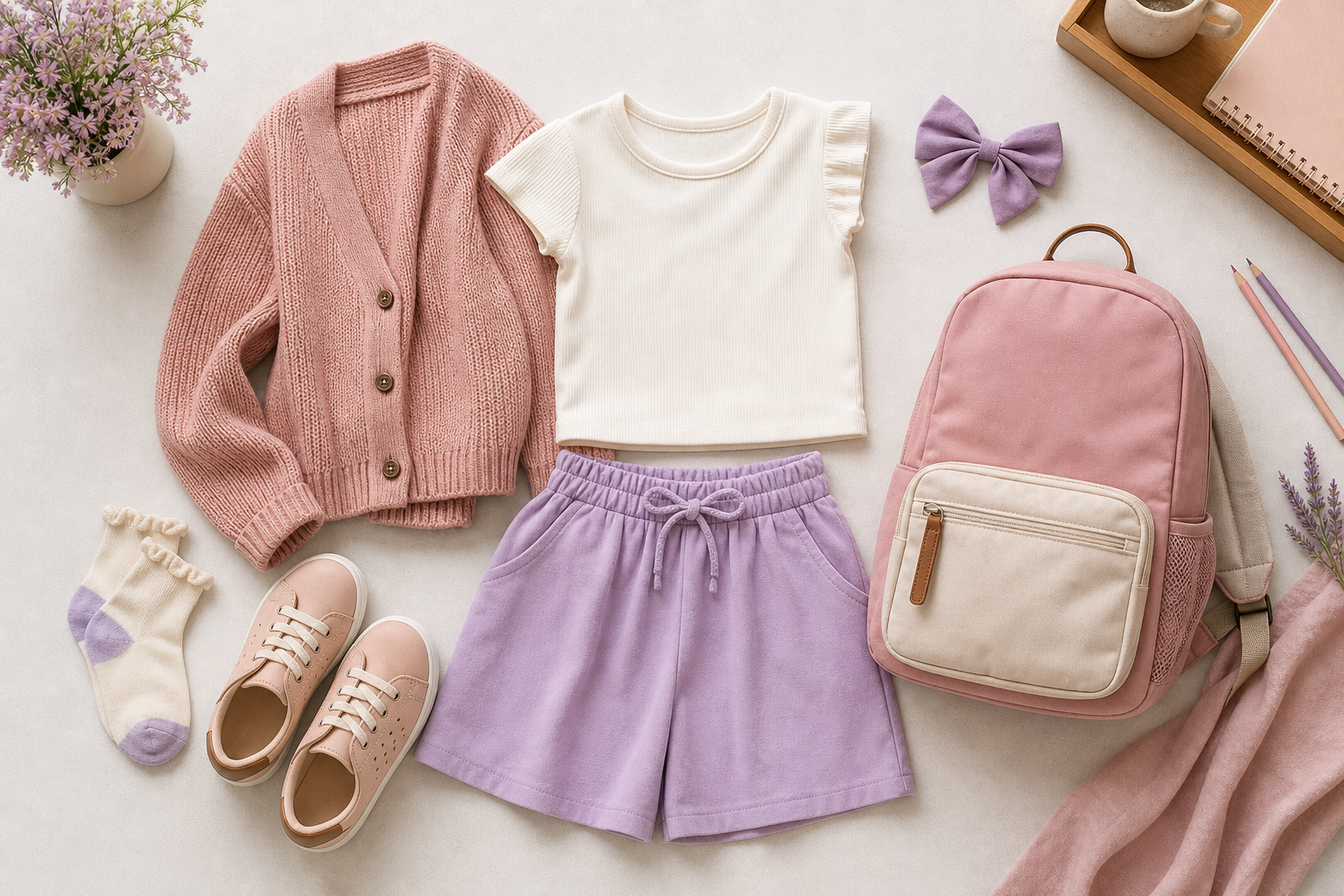 Checklist visual de roupa infantil, tênis e mochila para volta às aulas