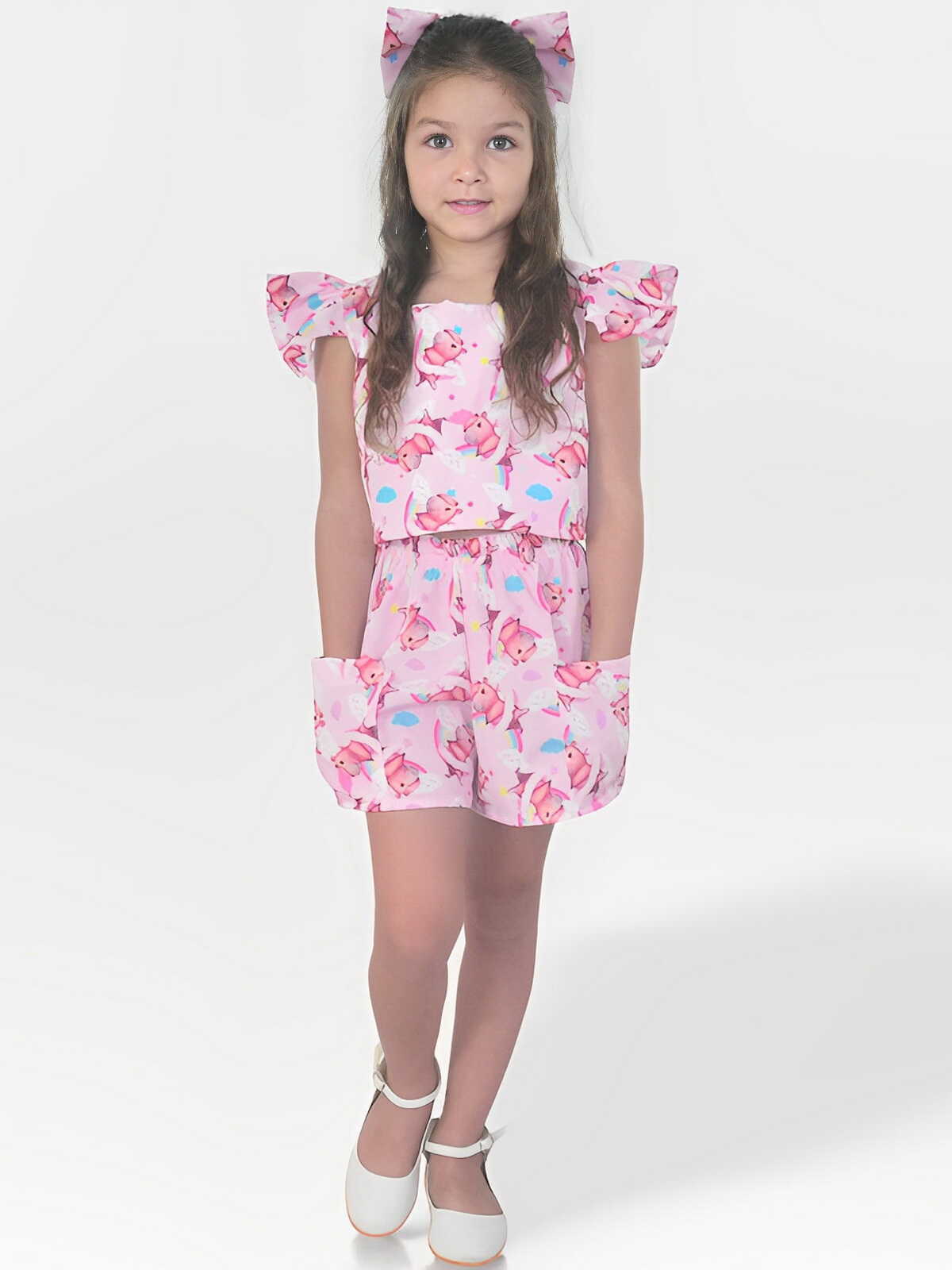 Conjunto Infantil Capivara Charmosa rosa com blusa e short para passeio