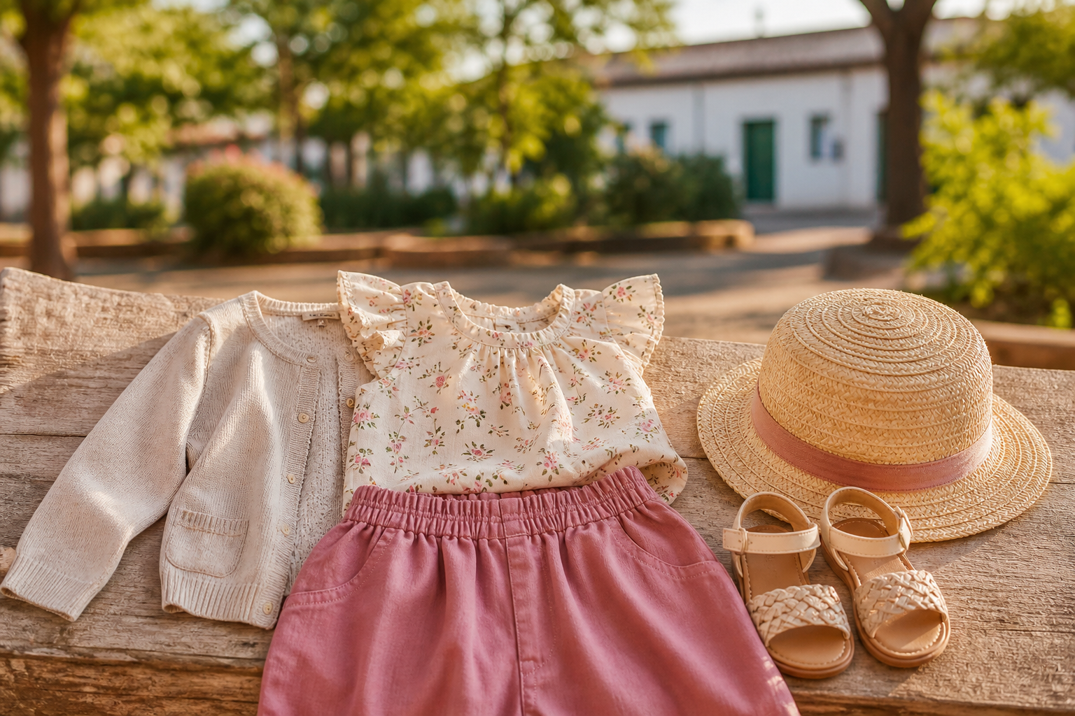 Conjunto infantil feminino com blusa, saia, cardigan, sandálias e chapéu para passeio
